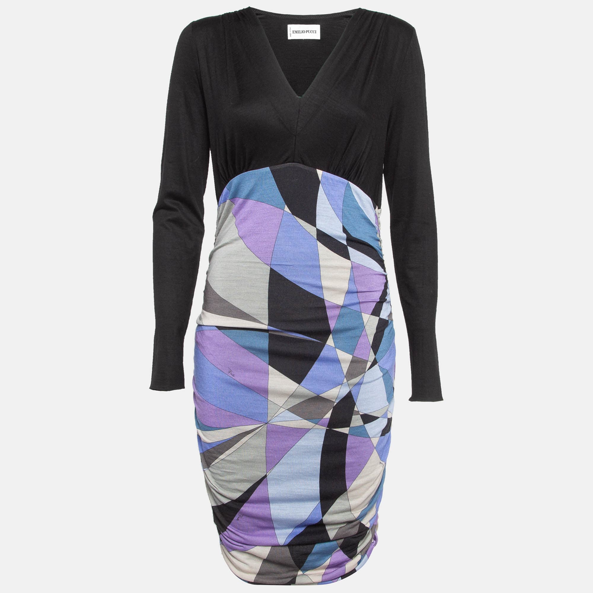 Emilio Pucci Multicolor Print Wool Blend Knit Ruched Dress M
