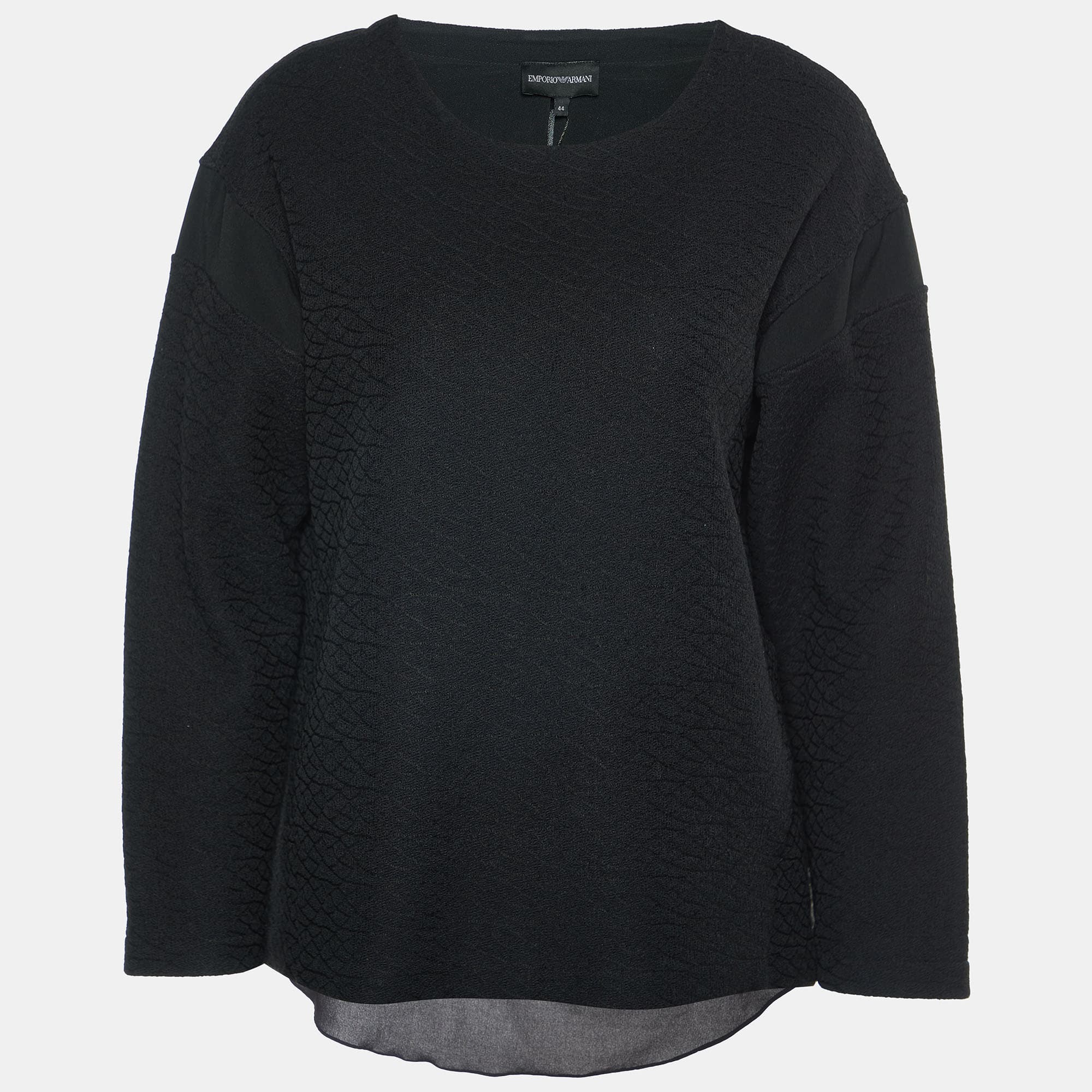 Emporio Armani Black Textured Cotton Blend Split Back Detail Top M