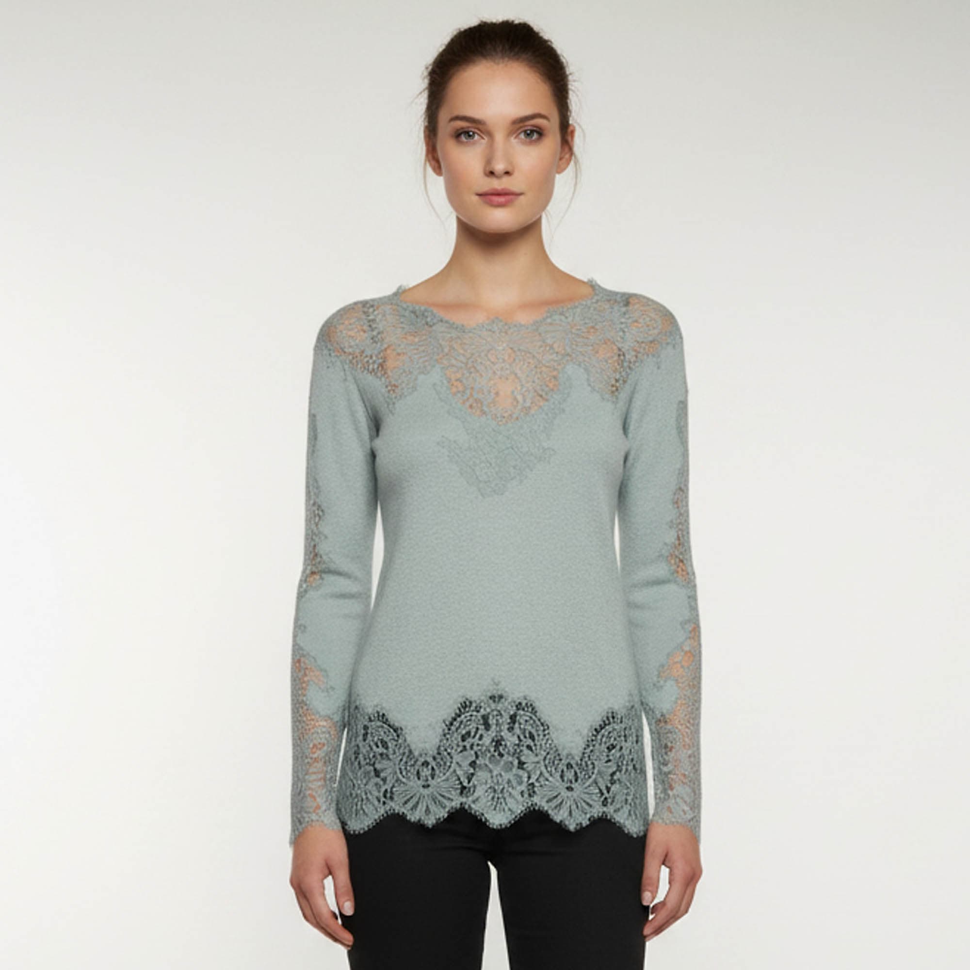 Ermanno Scervino Sage Green Lace Detail Wool Blend Long Sleeve Top S