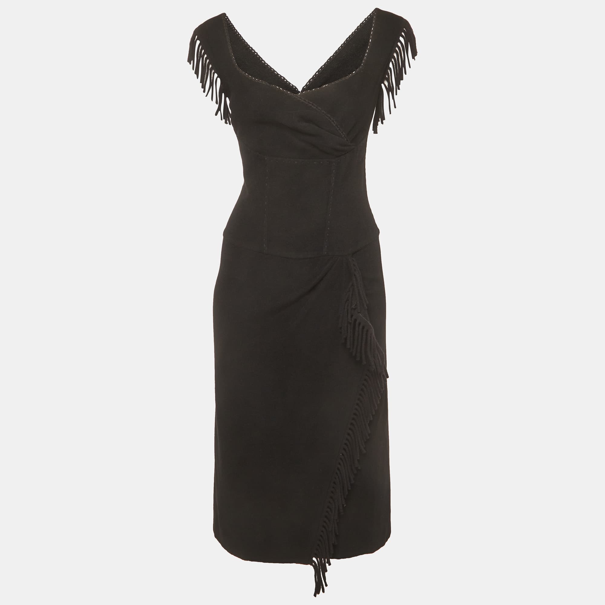 Ermanno Scervino Black Fringe Detail Cashmere Overlay Midi Dress S