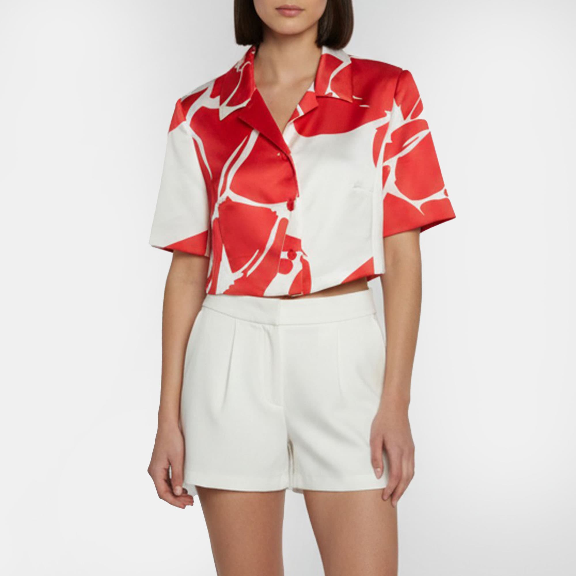 Escada Red/White Floral Patterned Satin Cropped Blazer M