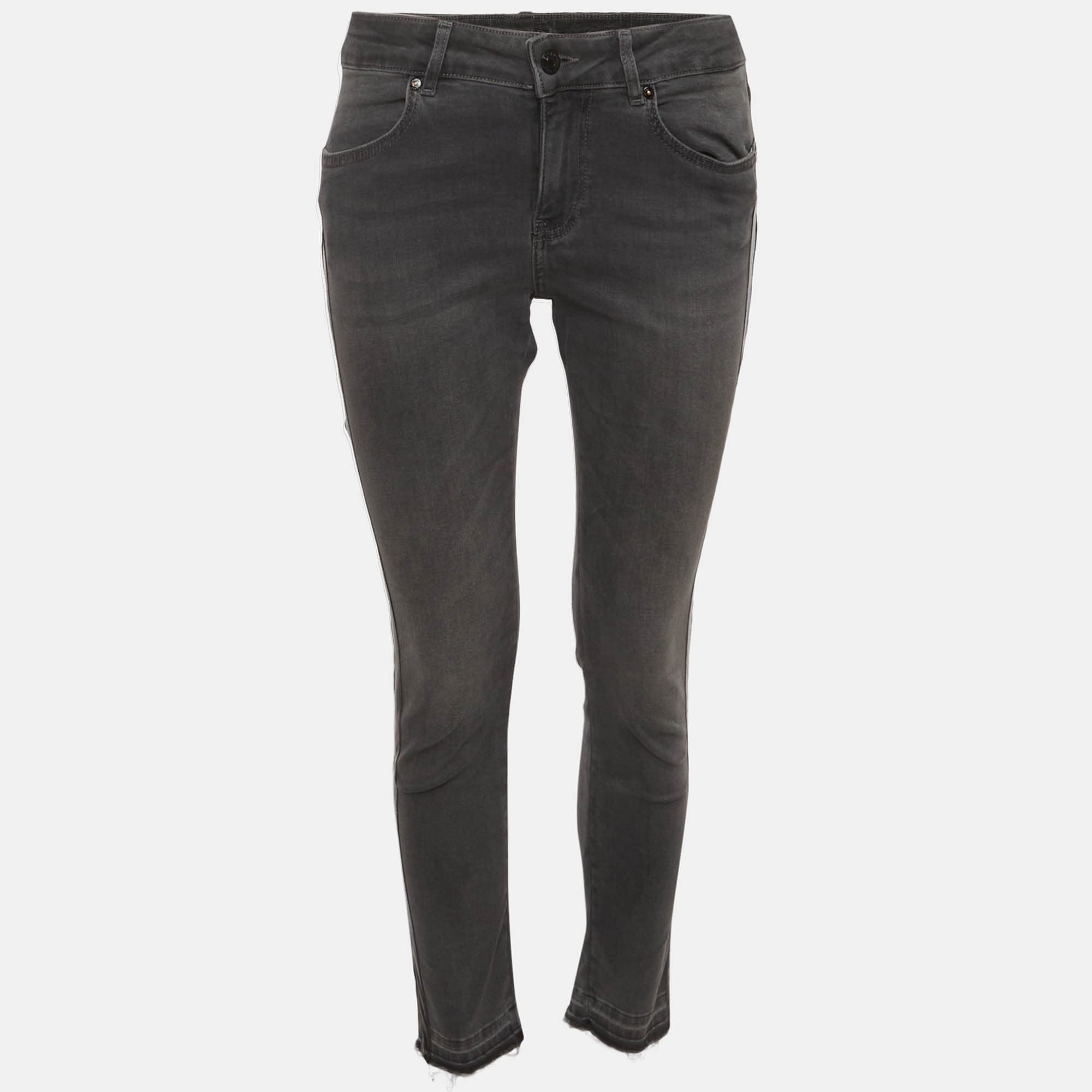 Escada Grey Striped Stretch Denim and Leather Skinny Jeans M/Waist 30"