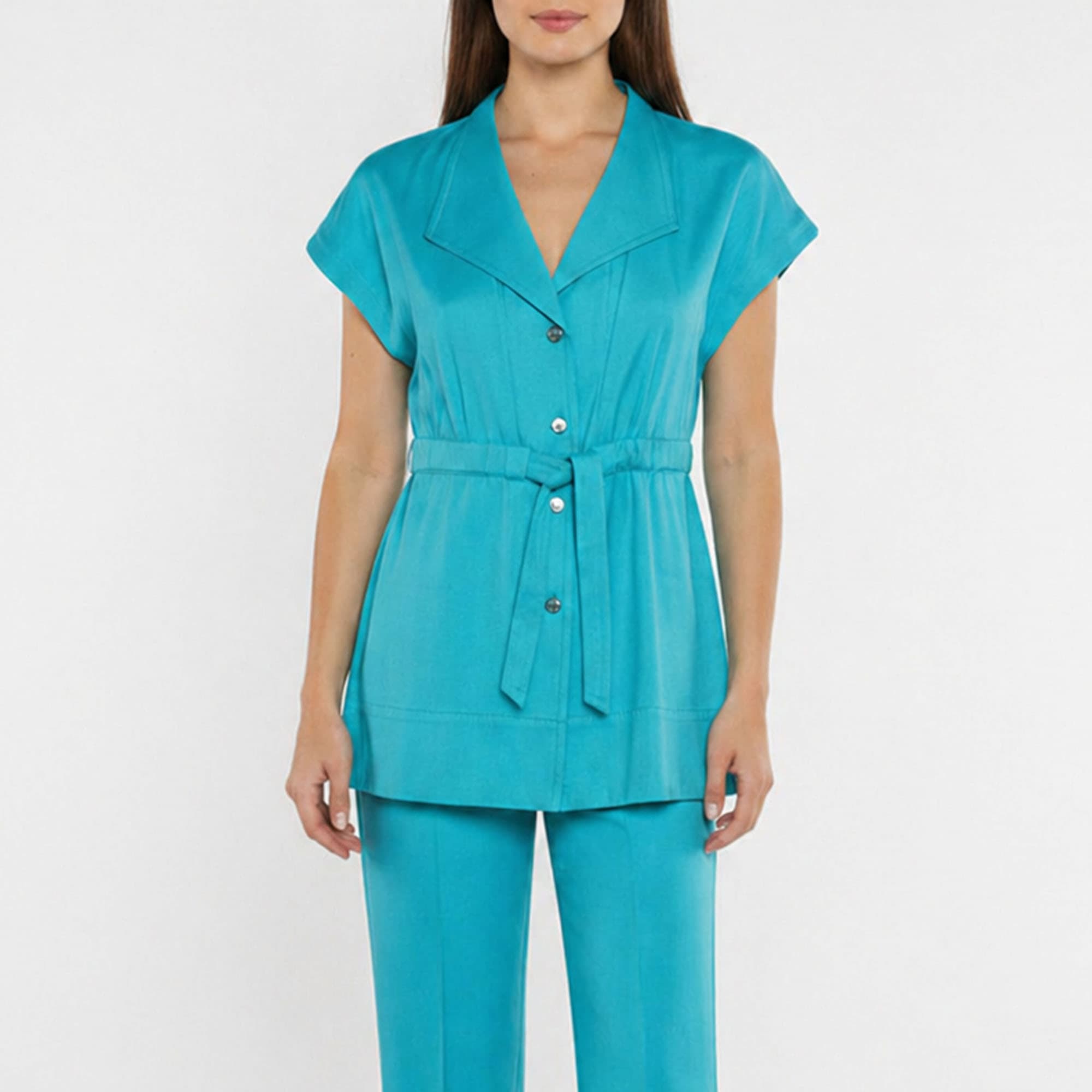 Escada Turquoise Textured Cotton Button Up Belted Top S