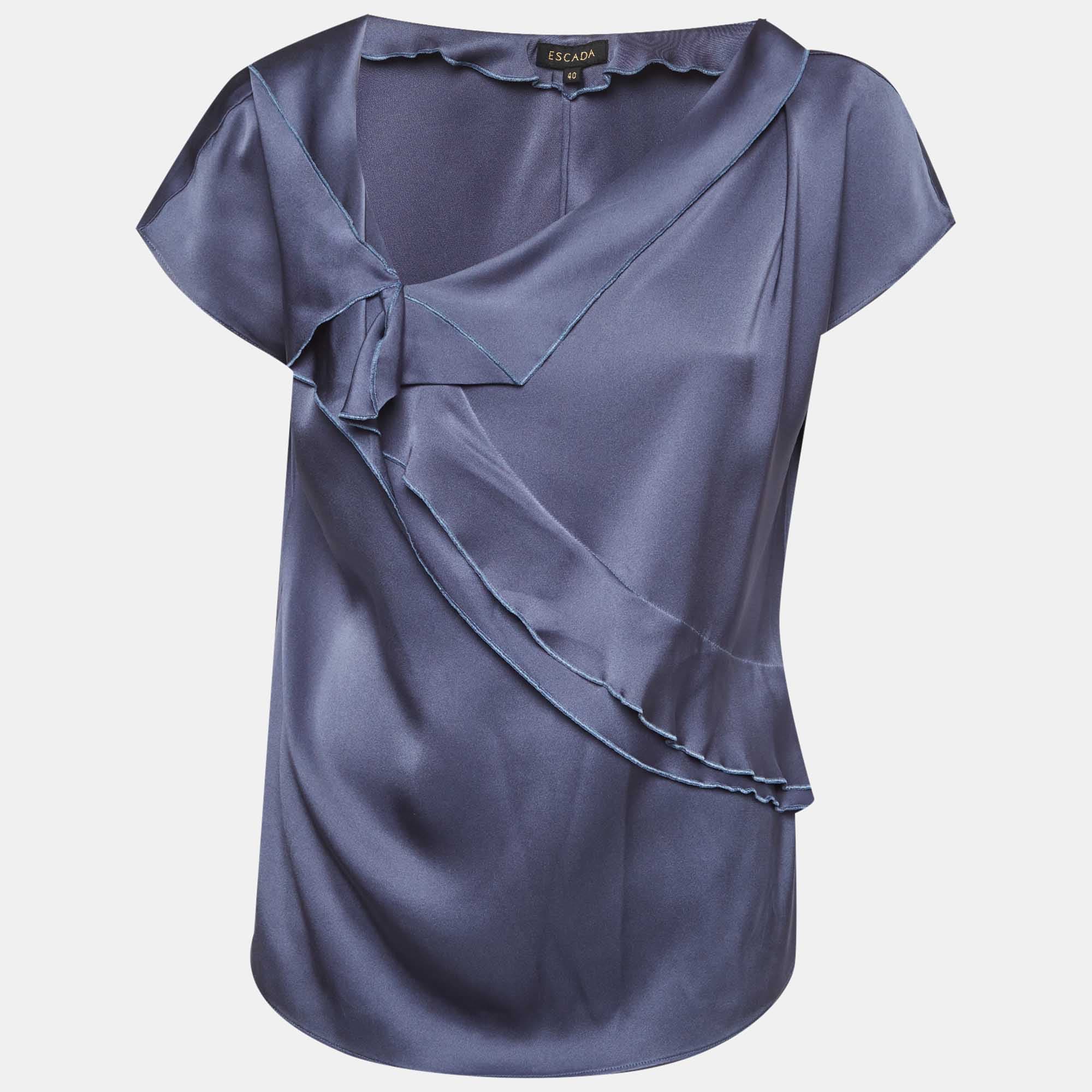 Escada Blue Satin Ruffle Detail Nanett Sleeveless Top L