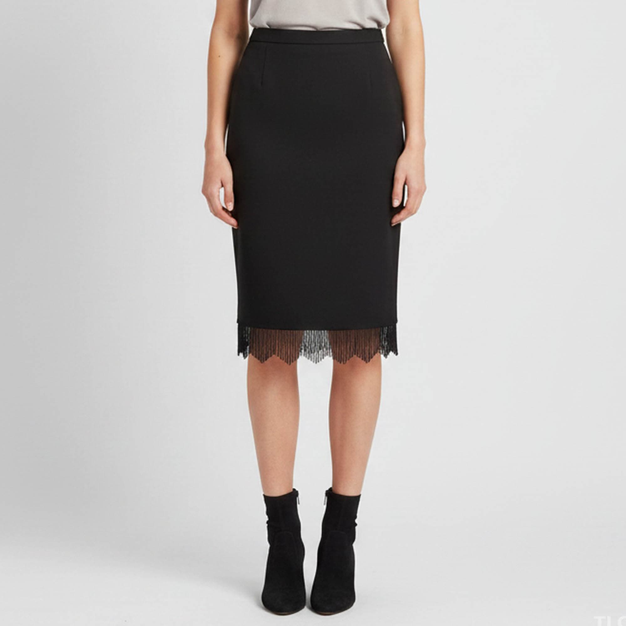 Escada Black Stretch Wool Beaded Fringed Skirt M