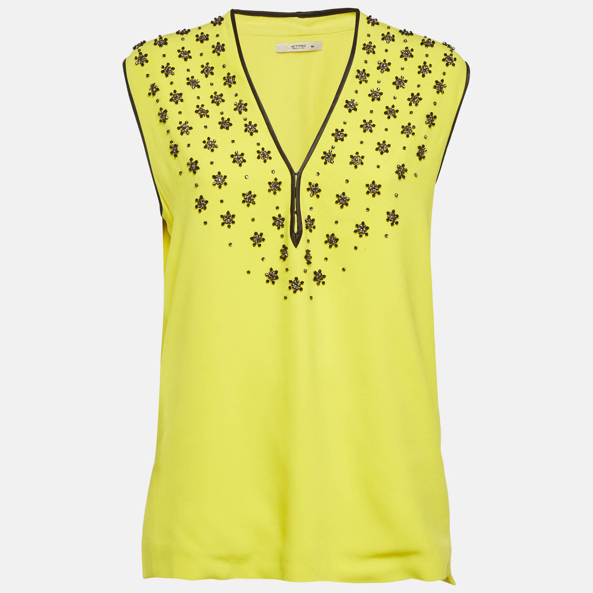 Etro Yellow Embellished Crepe Sleeveless Top L
