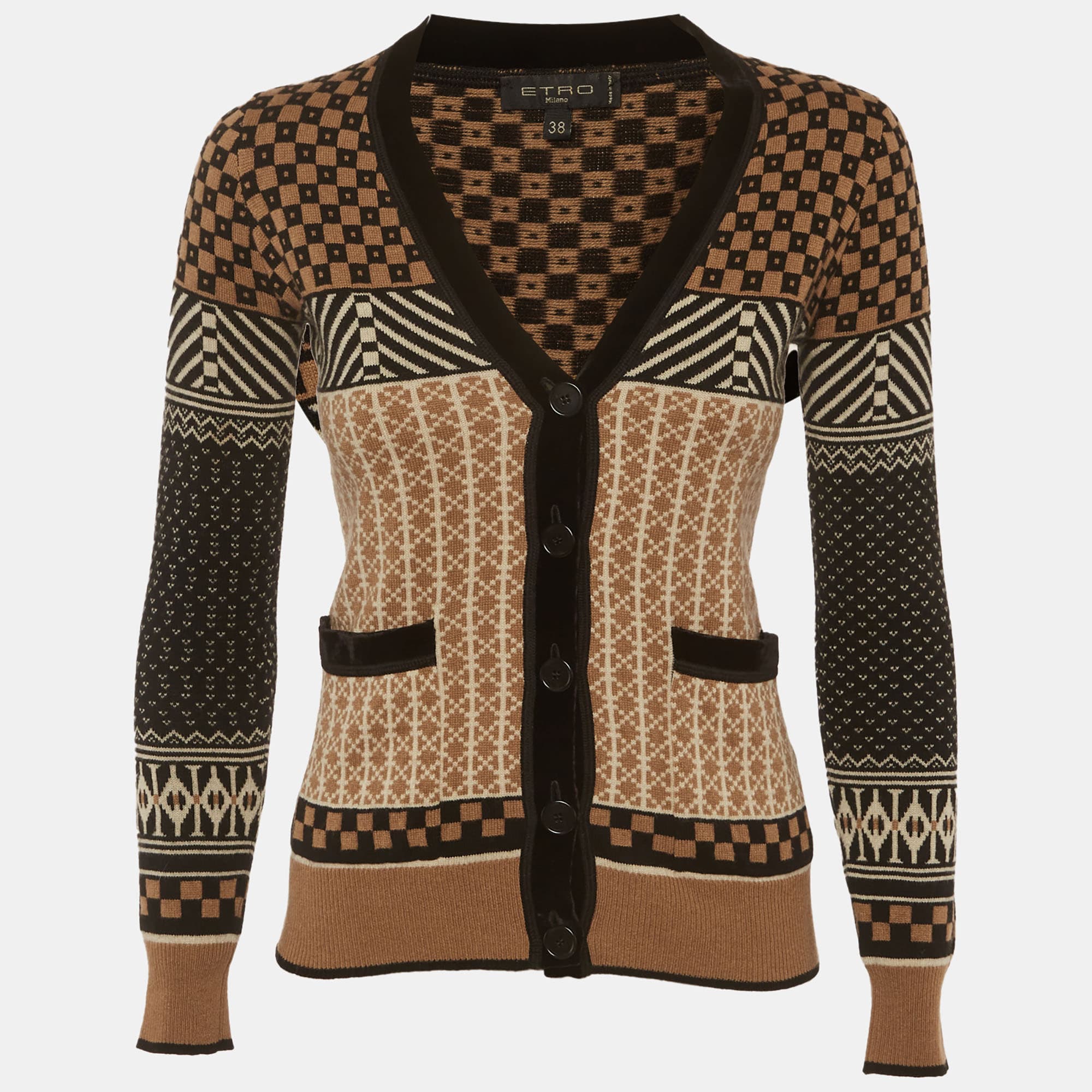Etro Beige/Black Intarsia Button Front Cardigan S