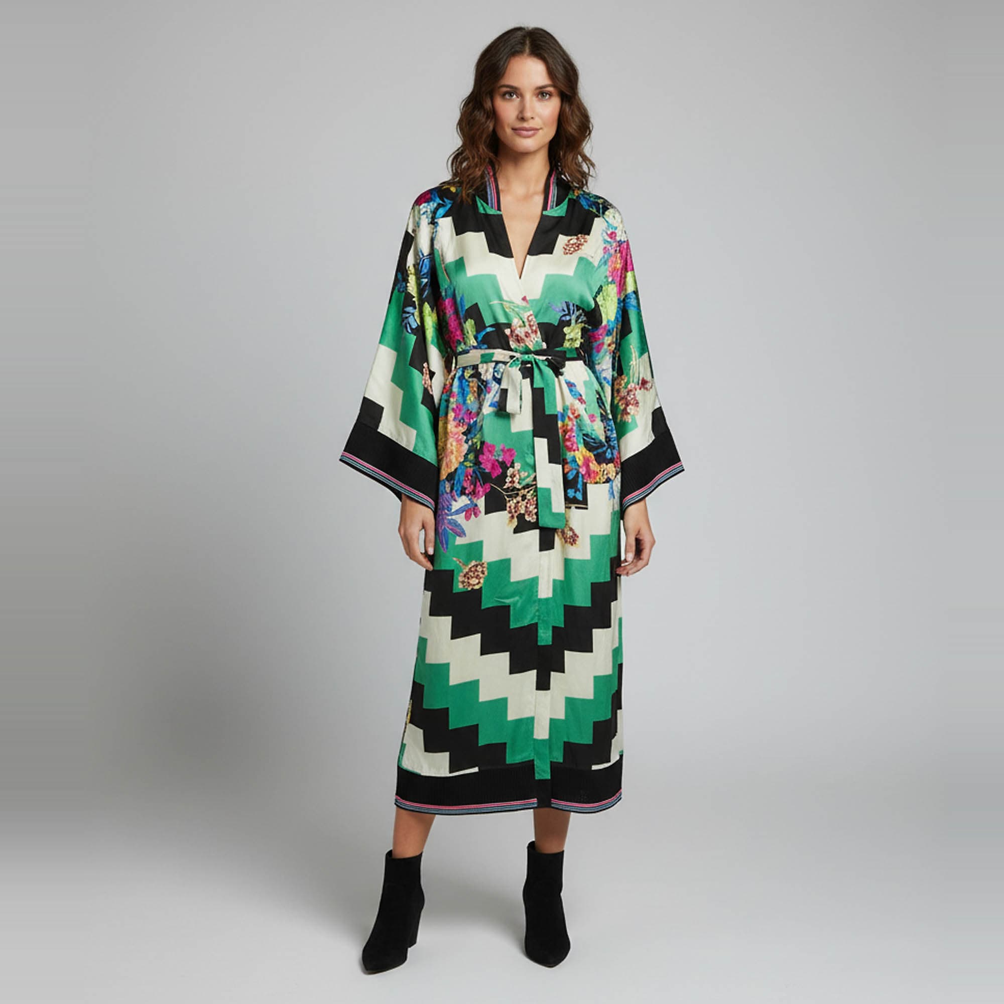 Etro Multicolour Floral Print Satin & Knit Trim Long Kimono Coat M