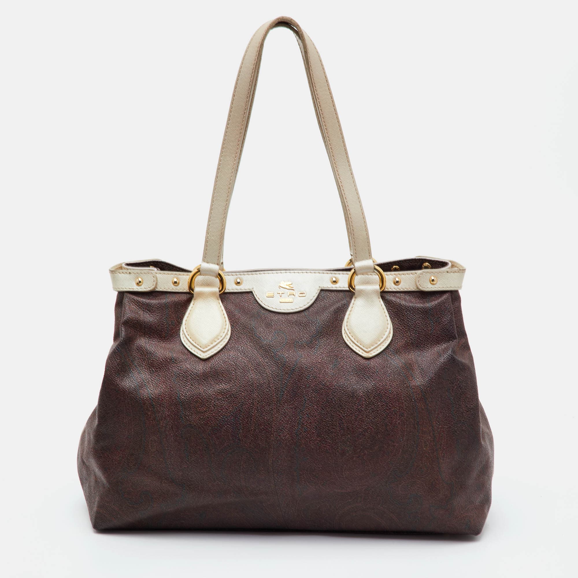 Etro Paisley Dark Brown/Gold Coated Canvas and Saffiano Leather Tote