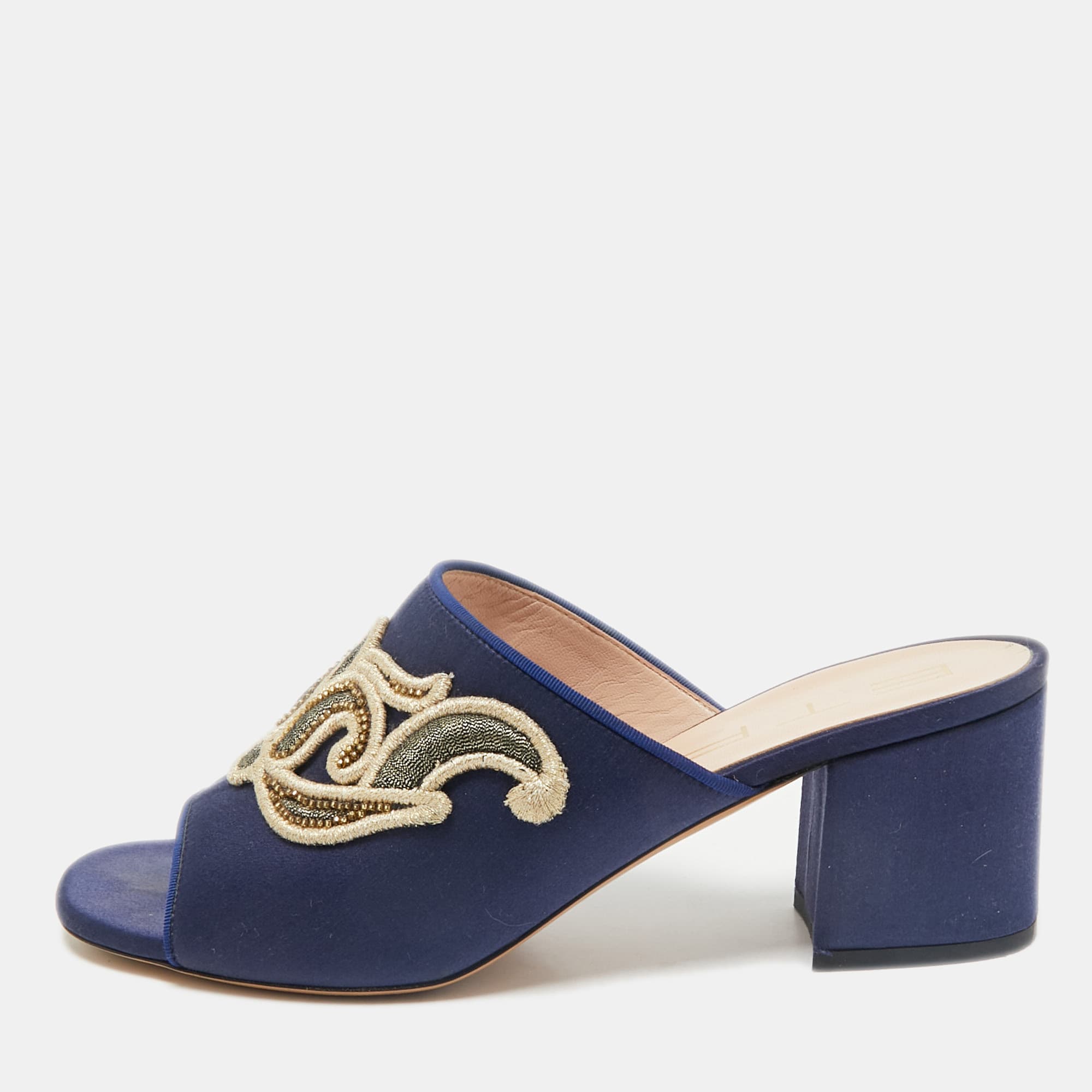 Etro Navy Blue Satin Slide Sandals Size 40