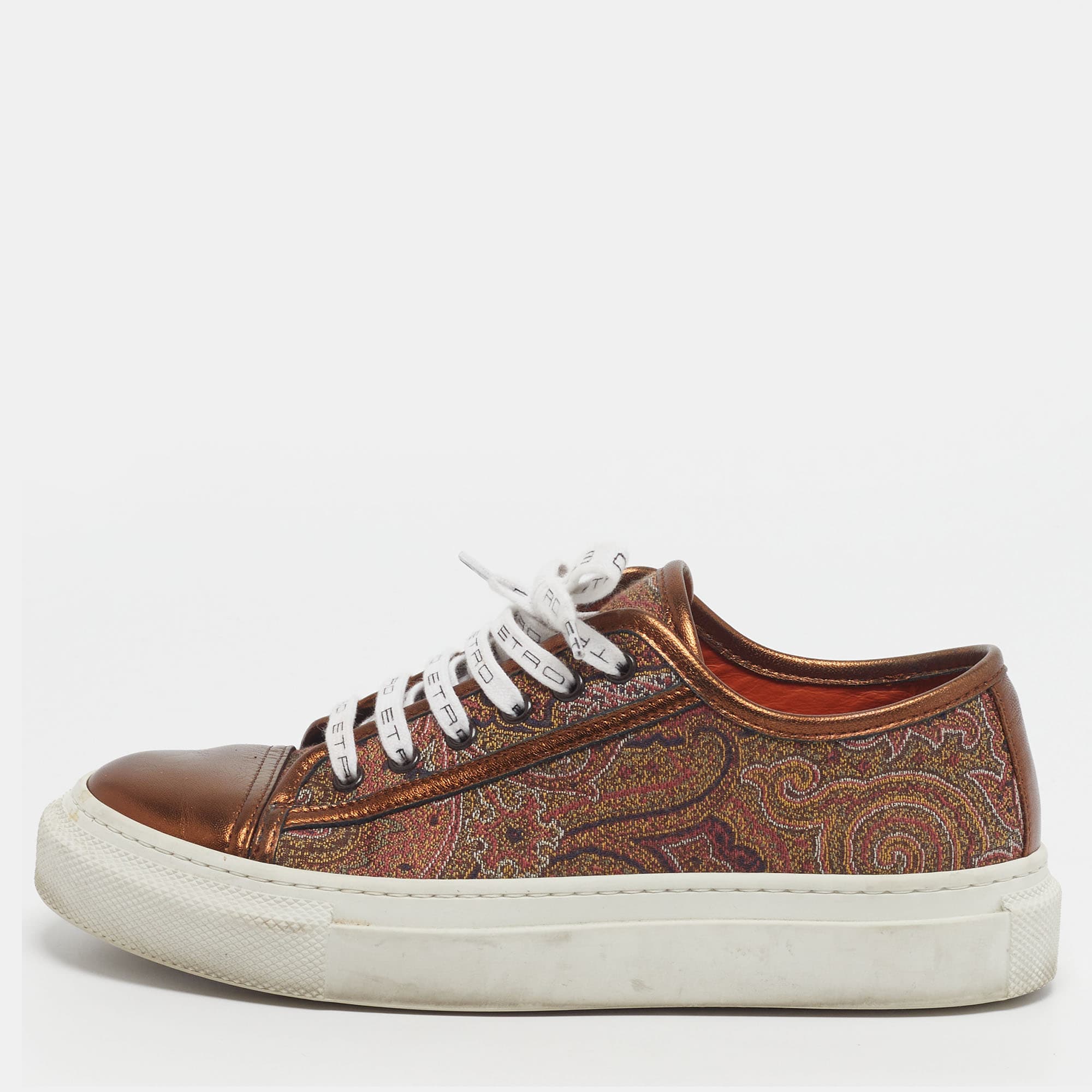 Etro Size 39 Bronze/Multicolor Paisley Pattern Jacquard and Leather Lace Up Sneakers