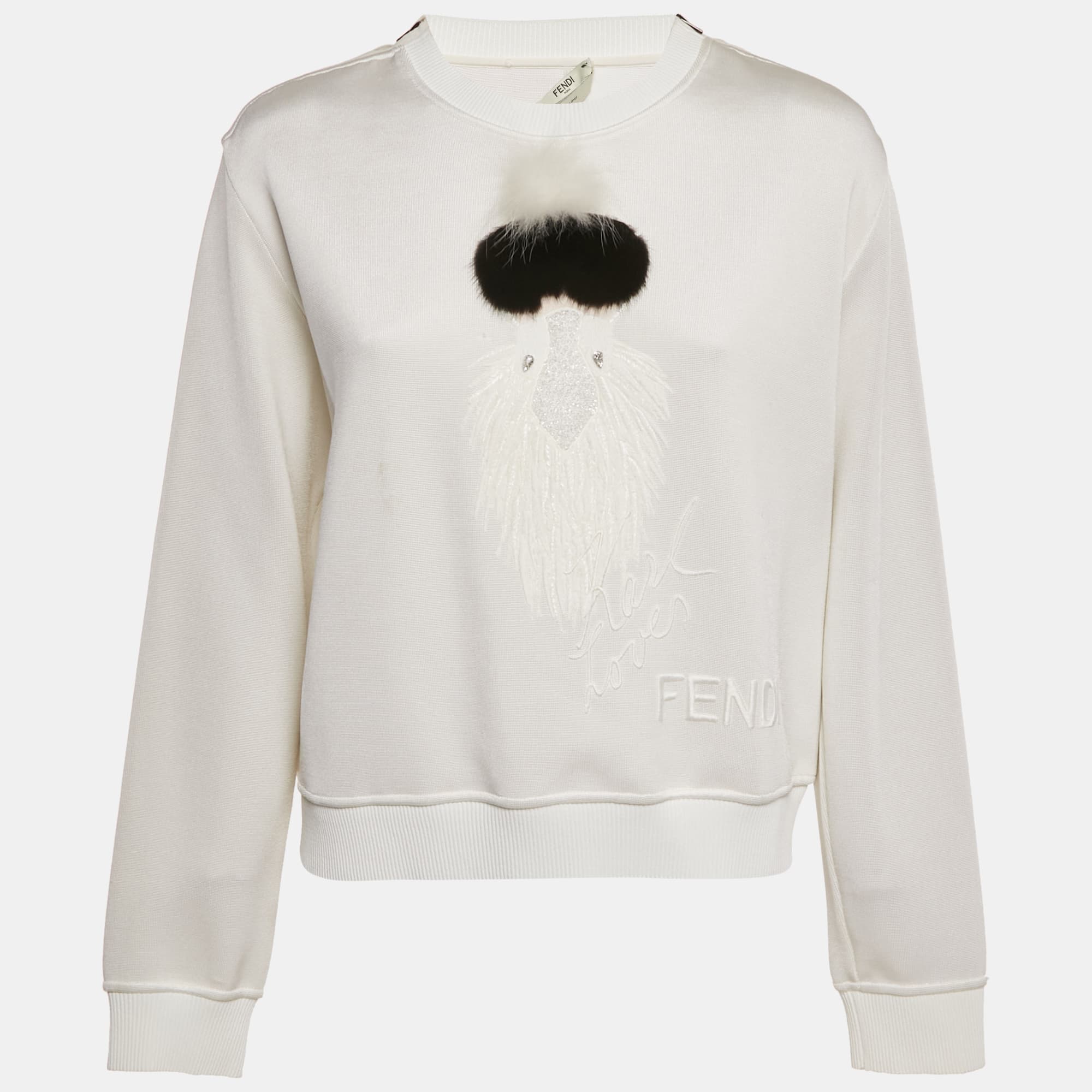 Fendi White Mink Fur Karl Lagerfeld Jersey Sweatshirt M
