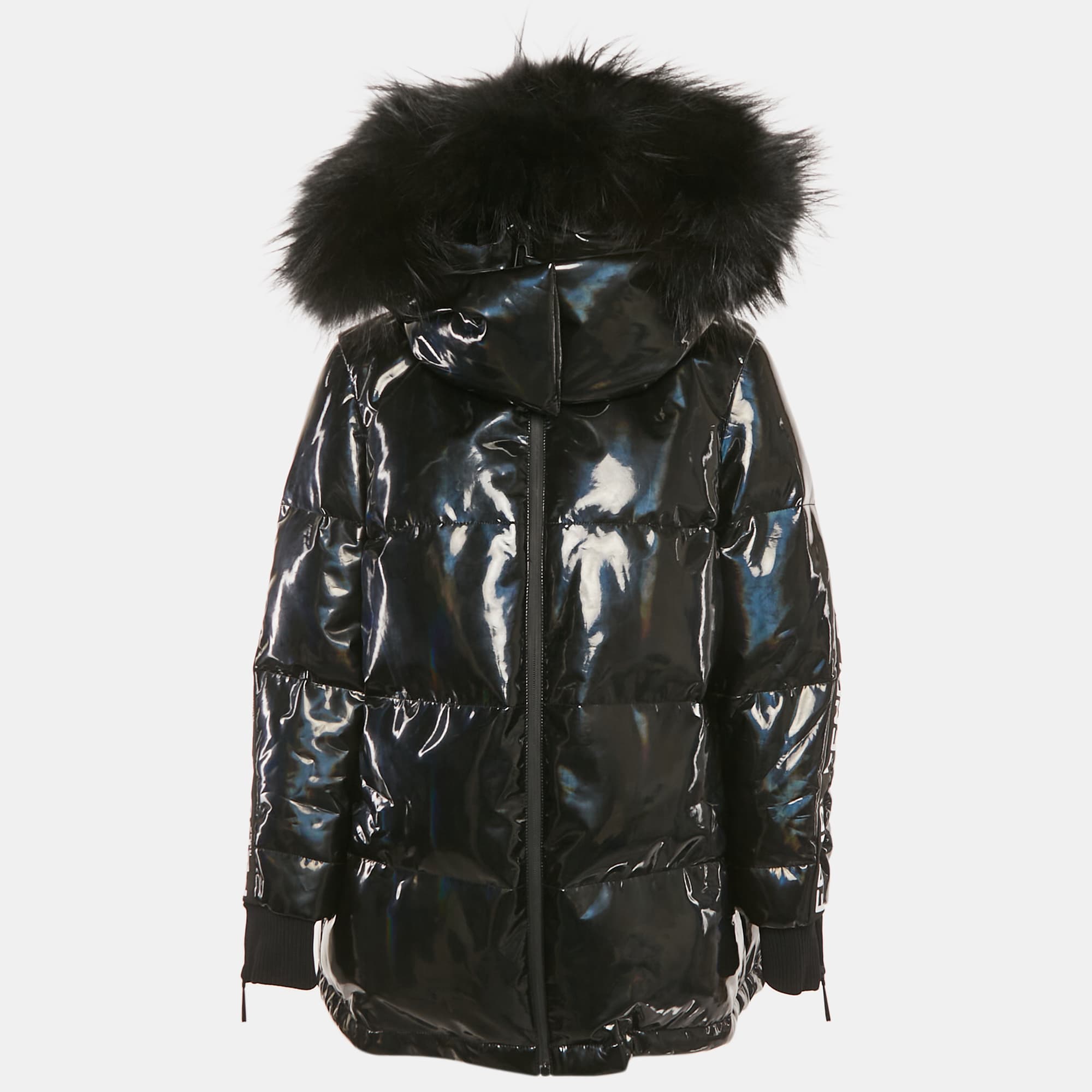 Fendi Black Holographic Synthetic Quilted Down Detachable Fur Jacket S