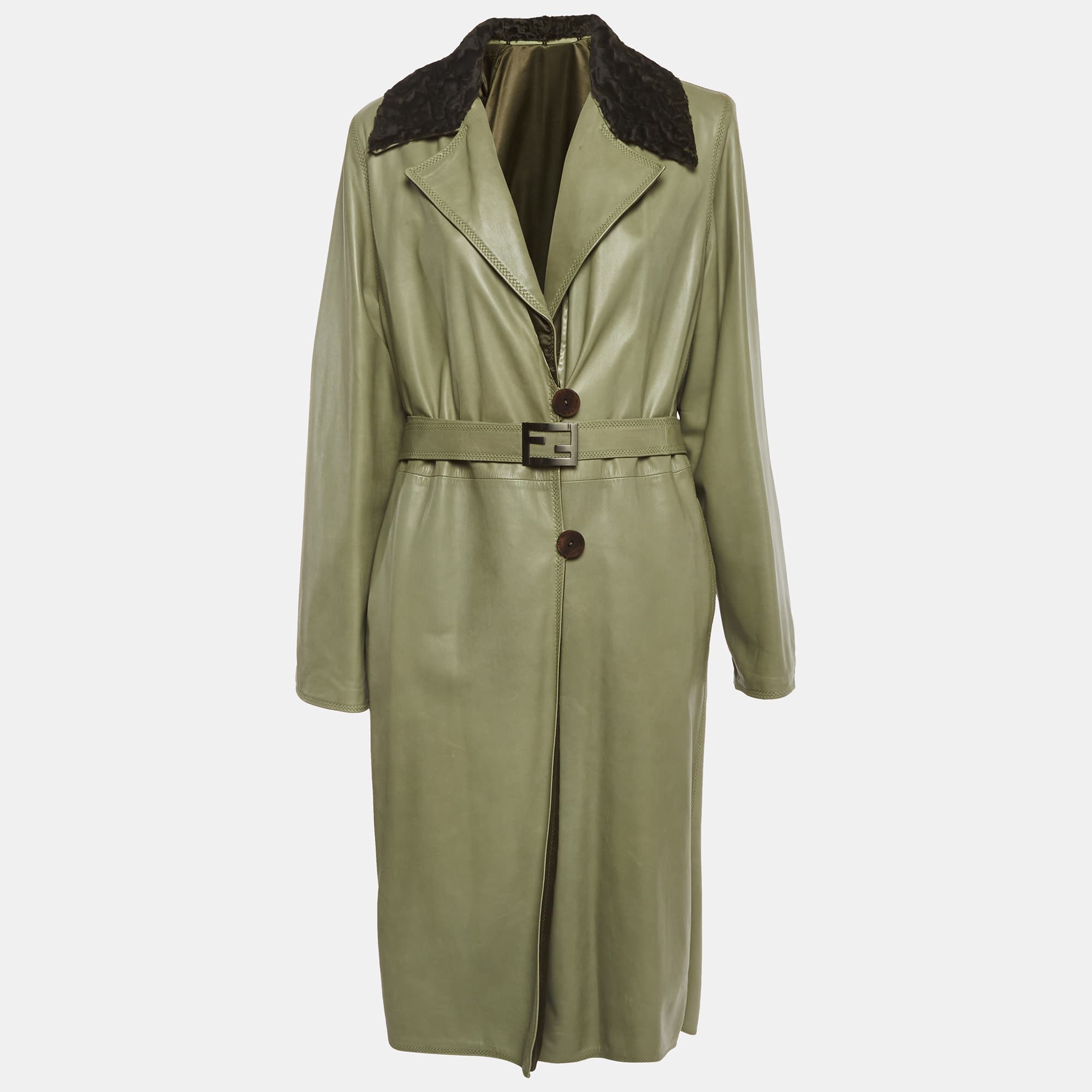 Fendi Vintage Green Leather and Satin Coat M