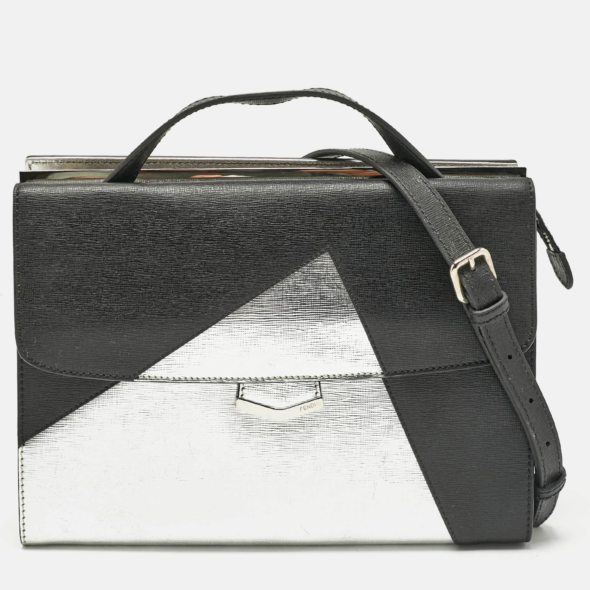 Fendi Black/Silver Leather Small Demi Jour Top Handle Bag