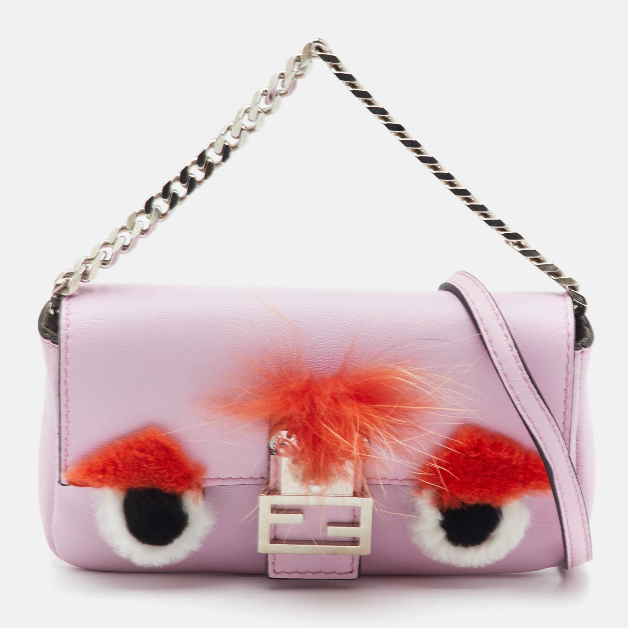 Fendi Buggie Micro Pink Leather and Fur Baguette Crossbody Bag