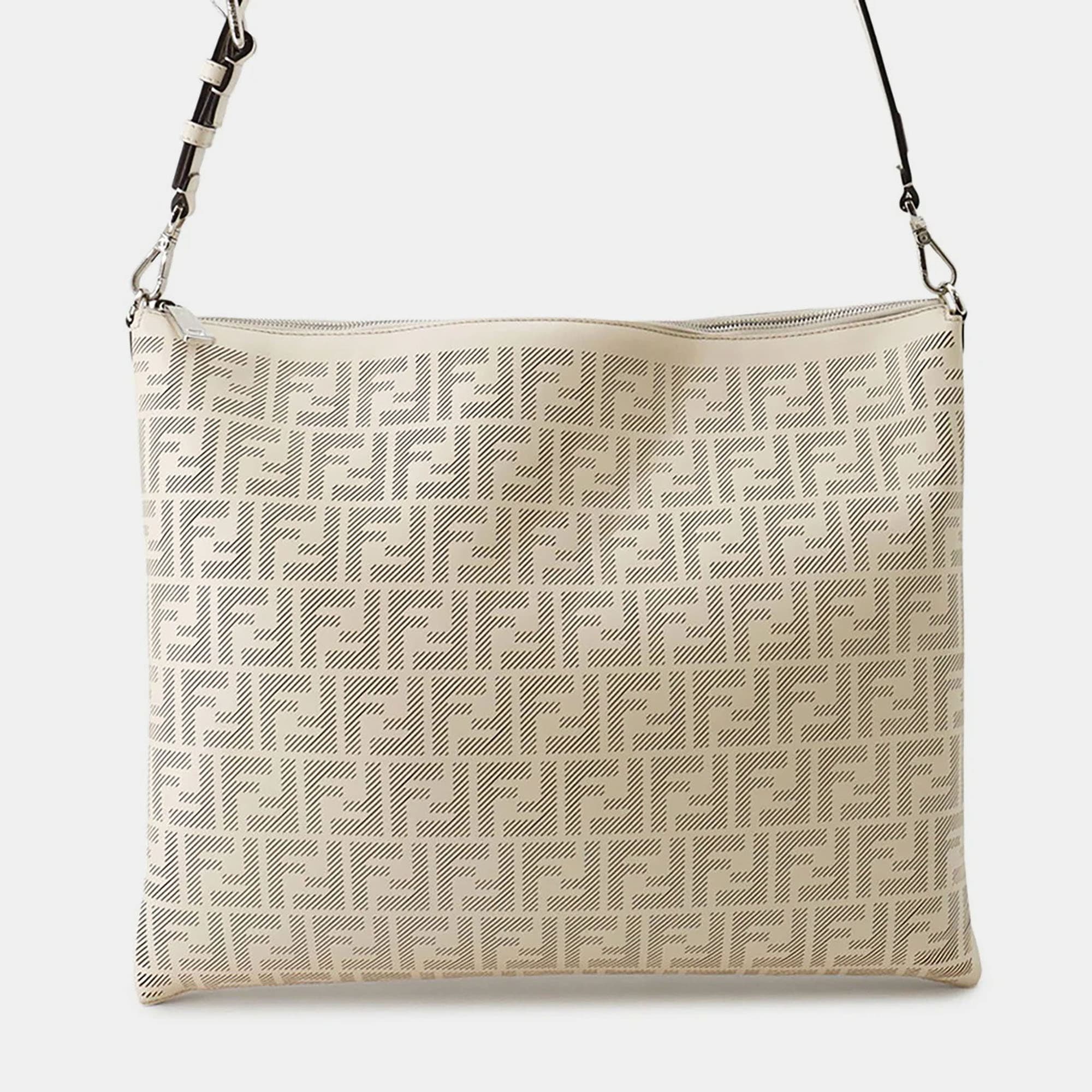Fendi FF Logo Medium Beige Calfskin Leather Shoulder Bag