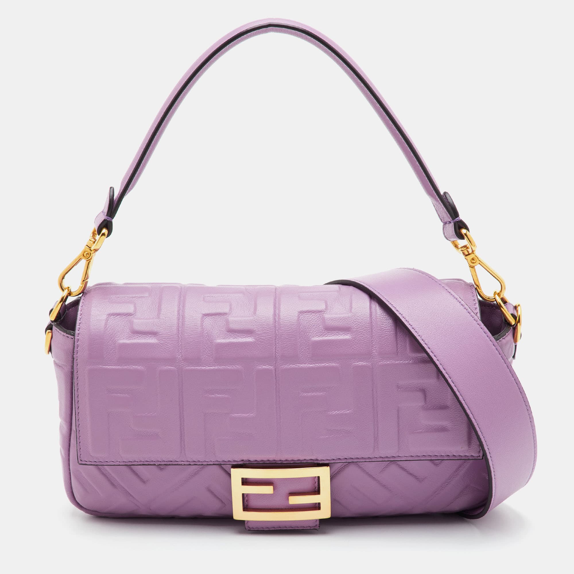 Fendi Baguette Medium 2Way Purple FF Embossed Leather Shoulder Bag