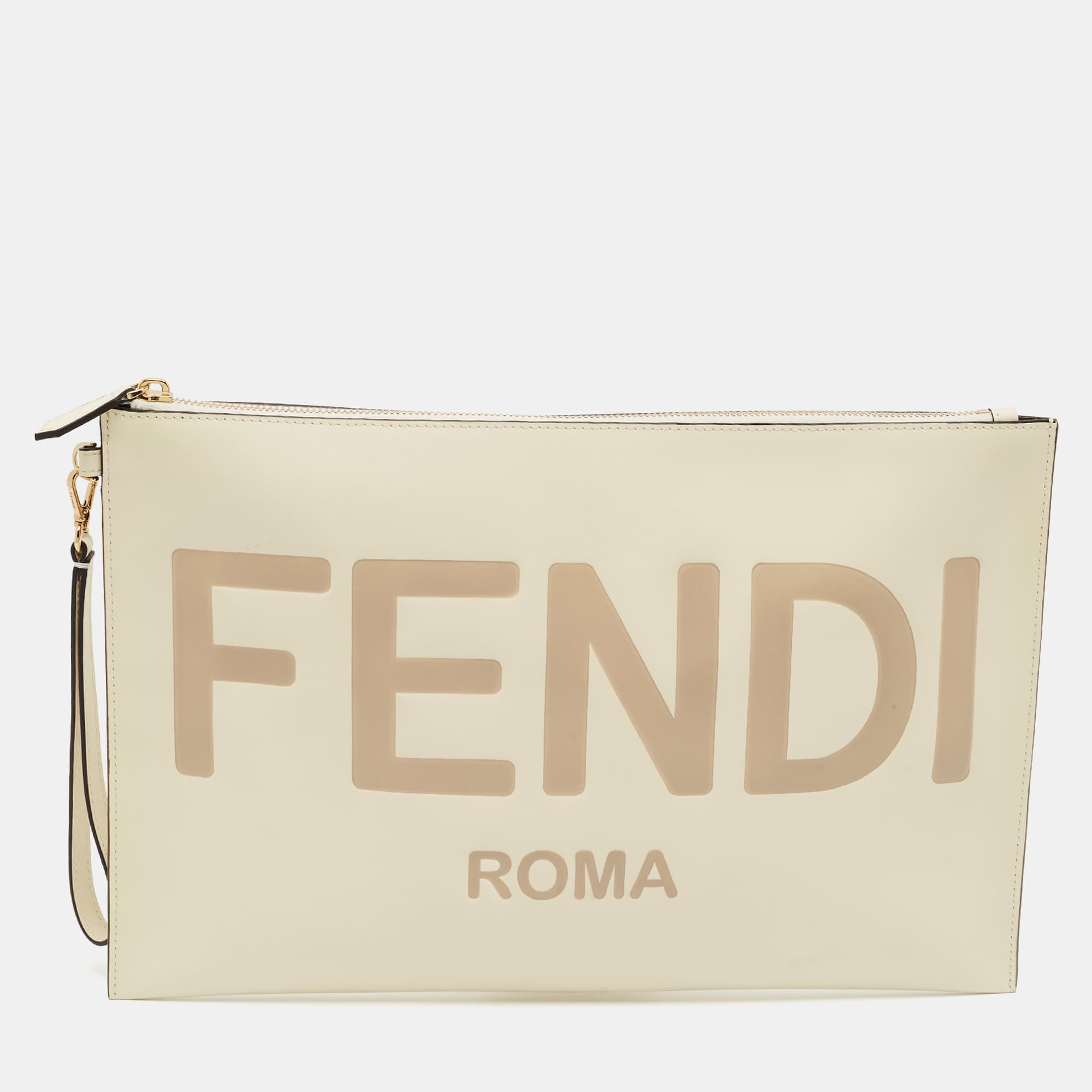 Fendi Large Off White Leather Flat Pouch