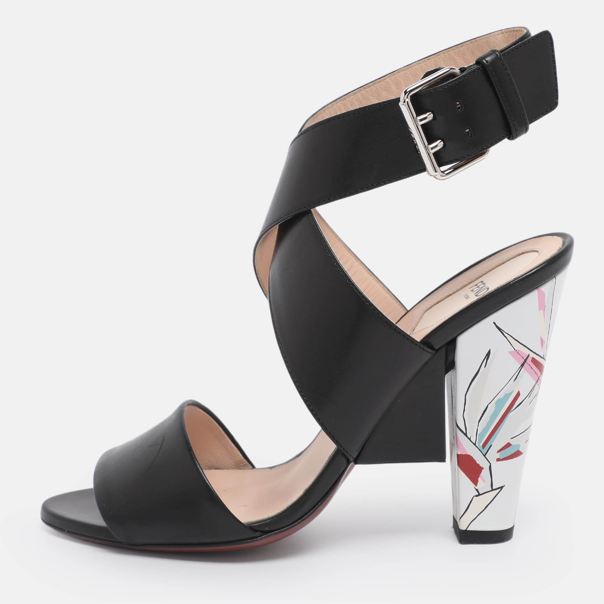 Fendi Black Leather Birds of Paradise Ankle Strap Sandals Size 38