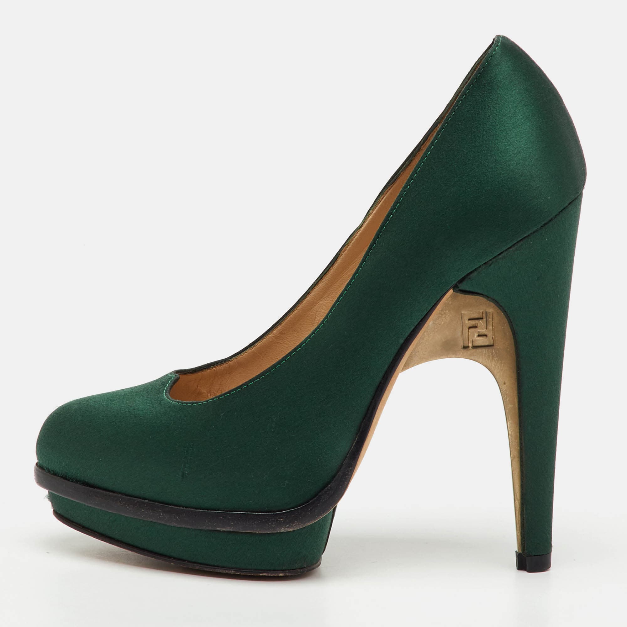 Fendi Dark Green Satin Bridge Heel Platform Pumps Size 35