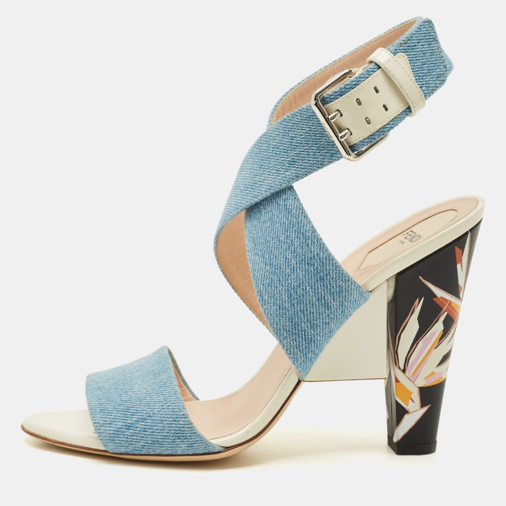 Fendi Size 41 Blue Denim Flora Detail Heel Ankle Wrap Sandals