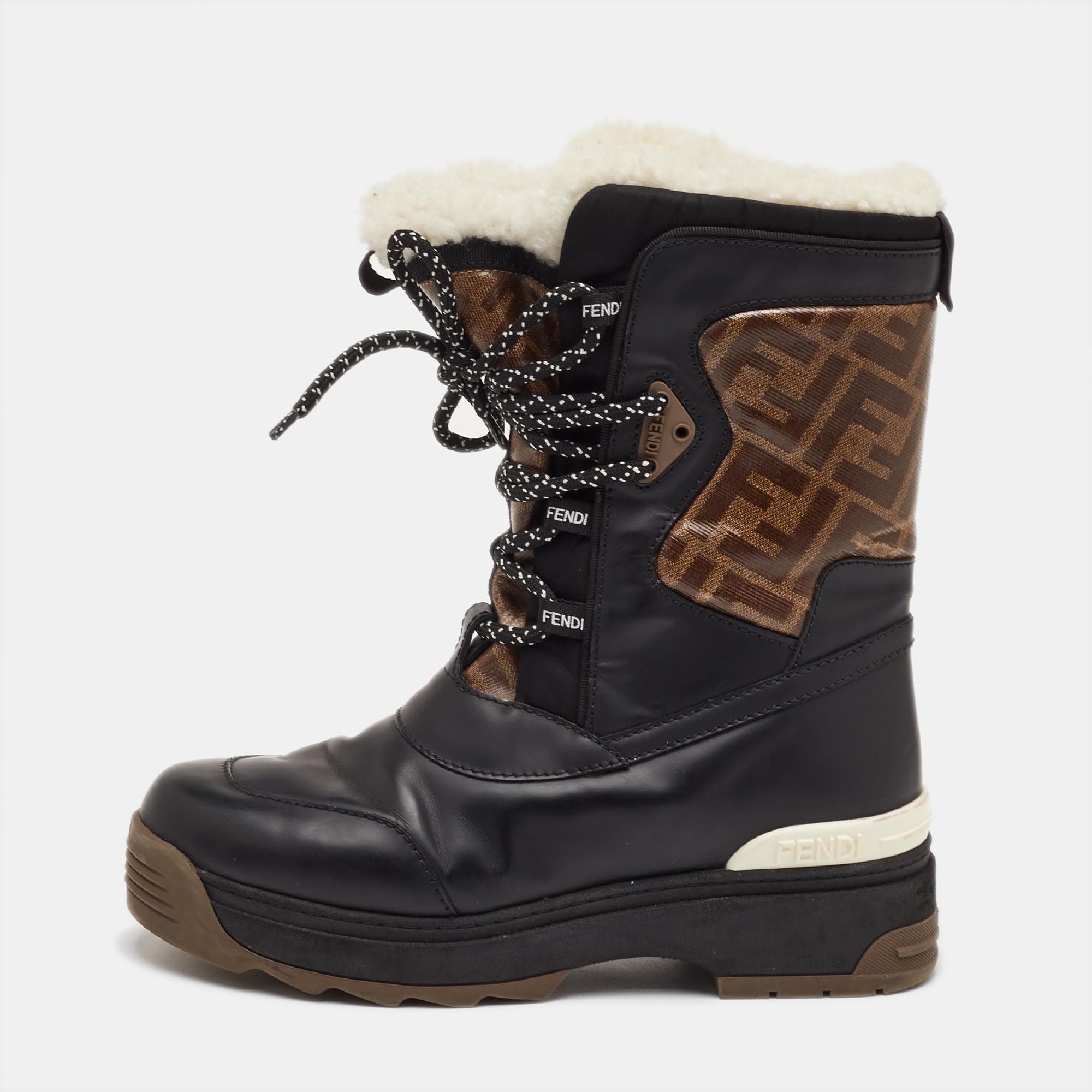 Fendi T-Rex Size 38 Black/Brown Zucca Coated Fabric and Leather Shearling Boots