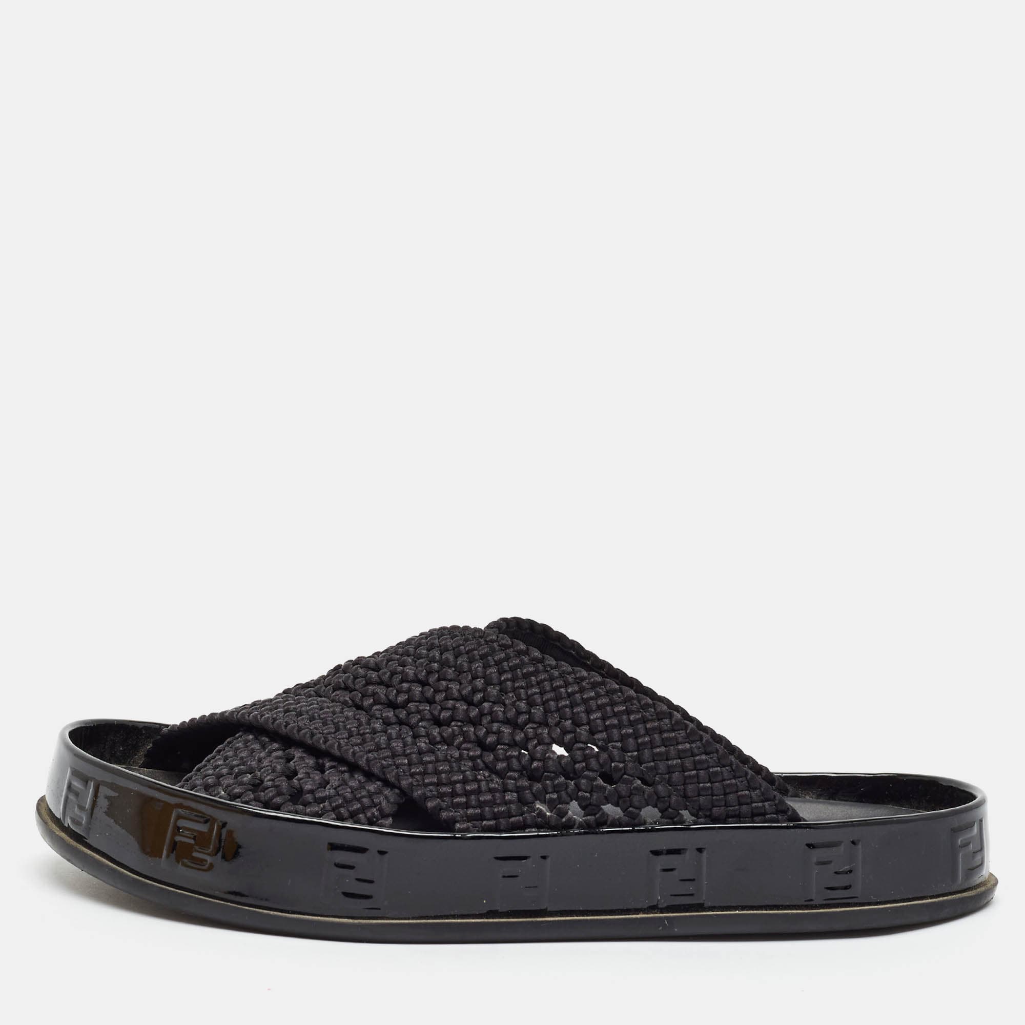 Fendi Fendigraphy Size 36 Black Woven Fabric Flat Slide Sandals