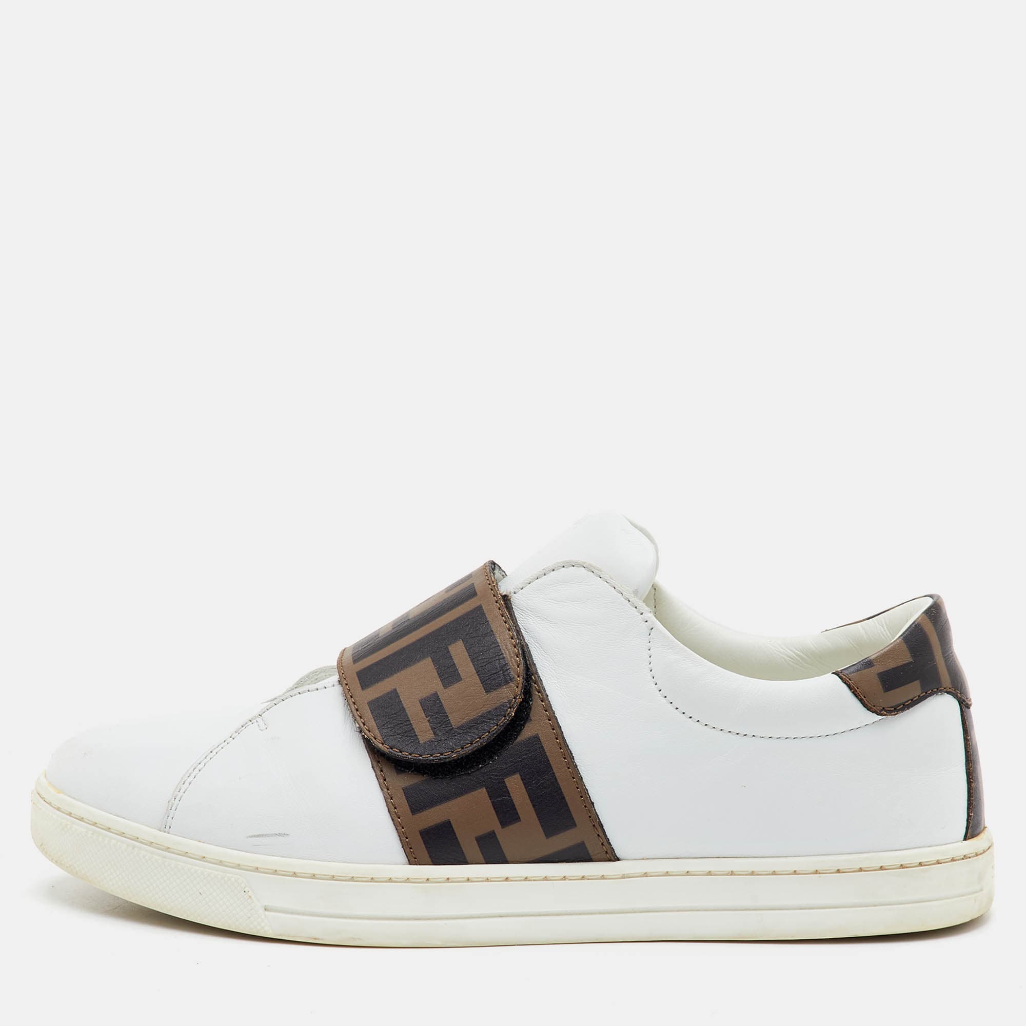 Fendi FF Size 36 White/Brown Zucca Leather Slip On Sneakers