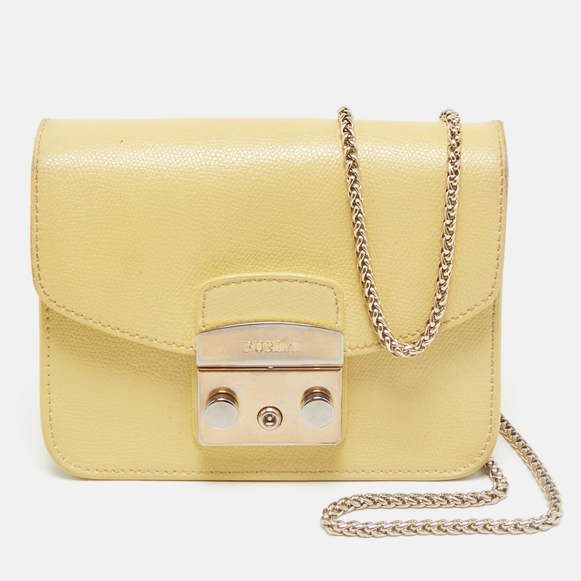 Furla Yellow Leather Mini Metropolis Chain Crossbody Bag