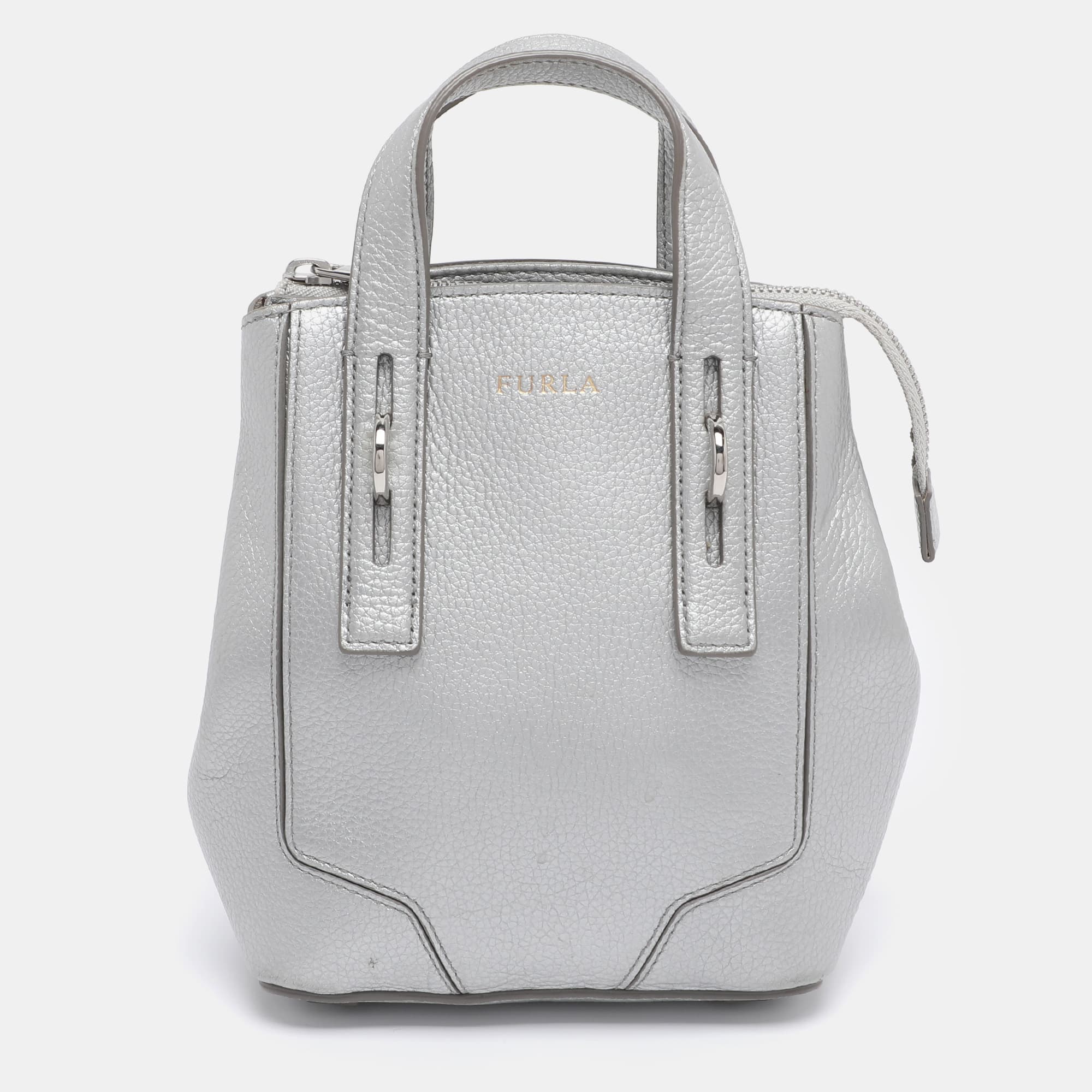 Furla Perla Silver Leather Tote Bag