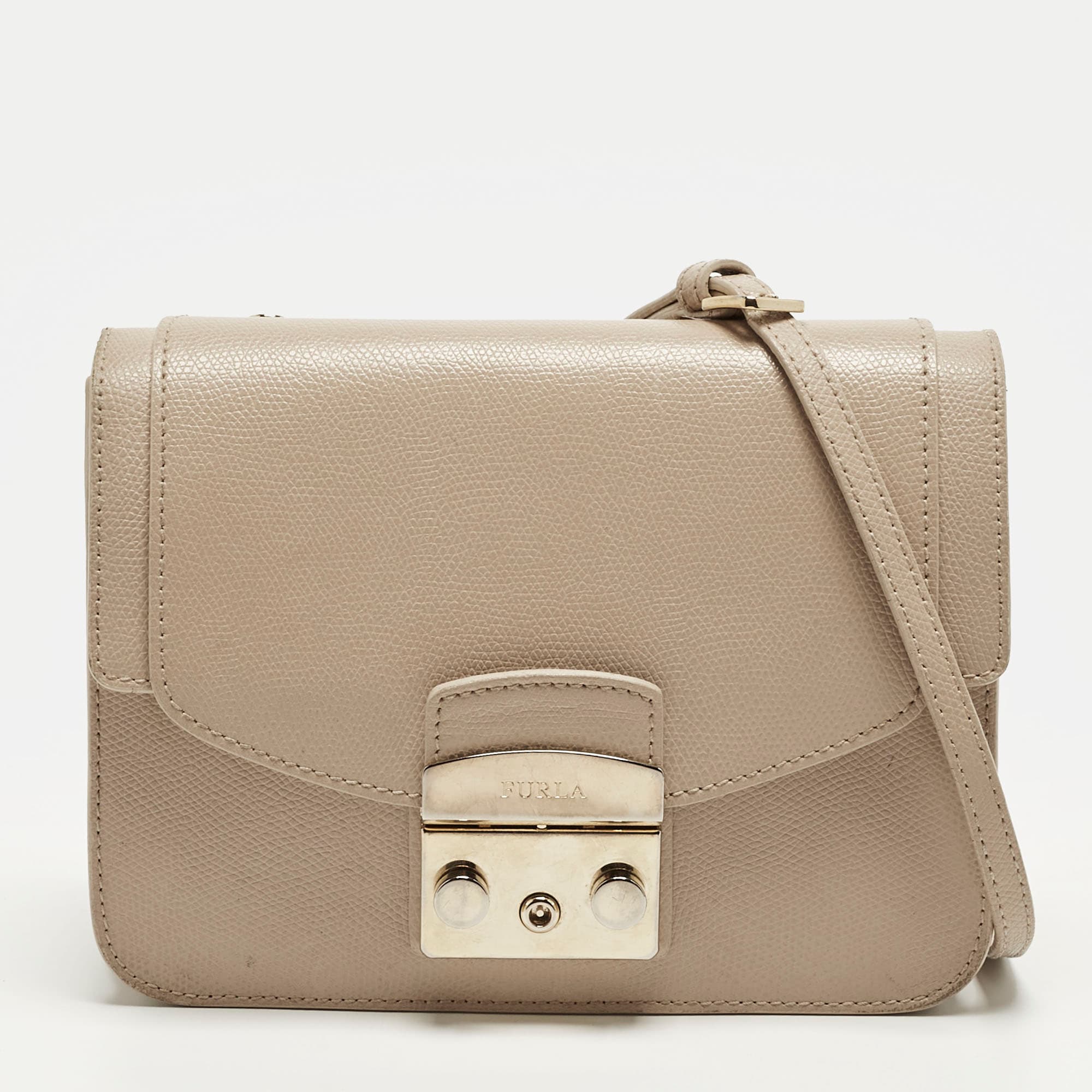 Furla Metropolis Small Beige Leather Flap Shoulder Bag