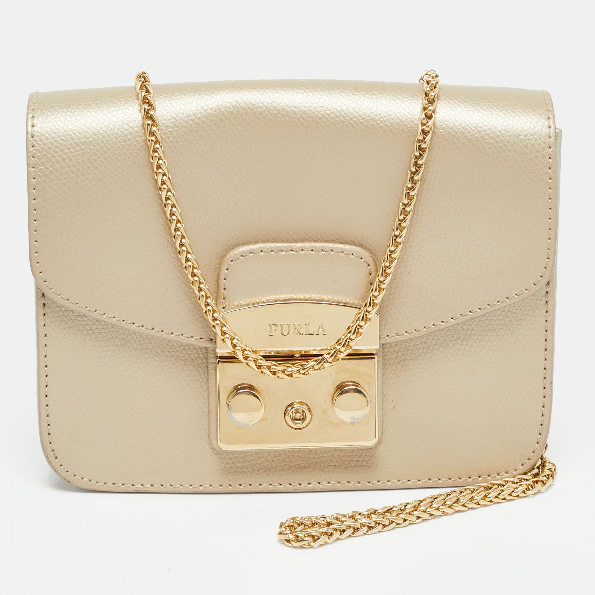 Furla Metropolis Mini Metallic Beige Leather Crossbody Bag