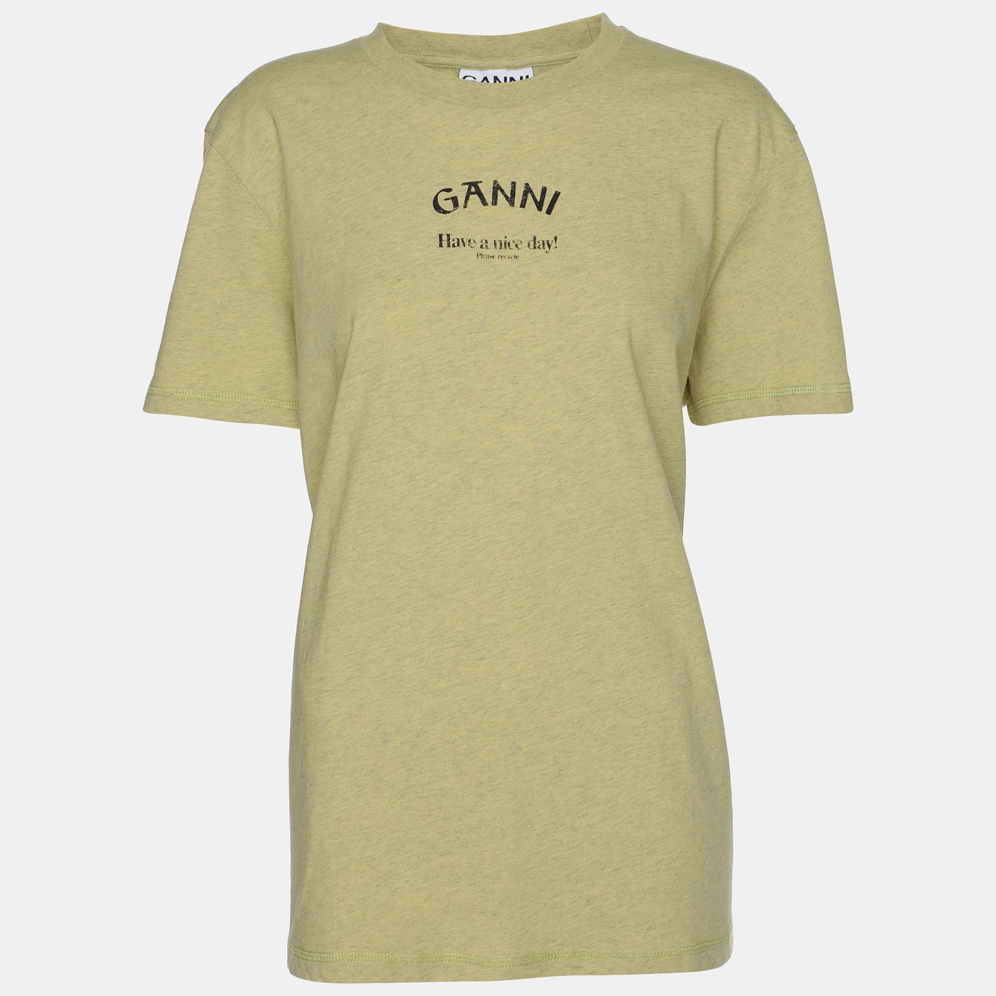 Ganni Leek Yellow Logo Print T-Shirt L