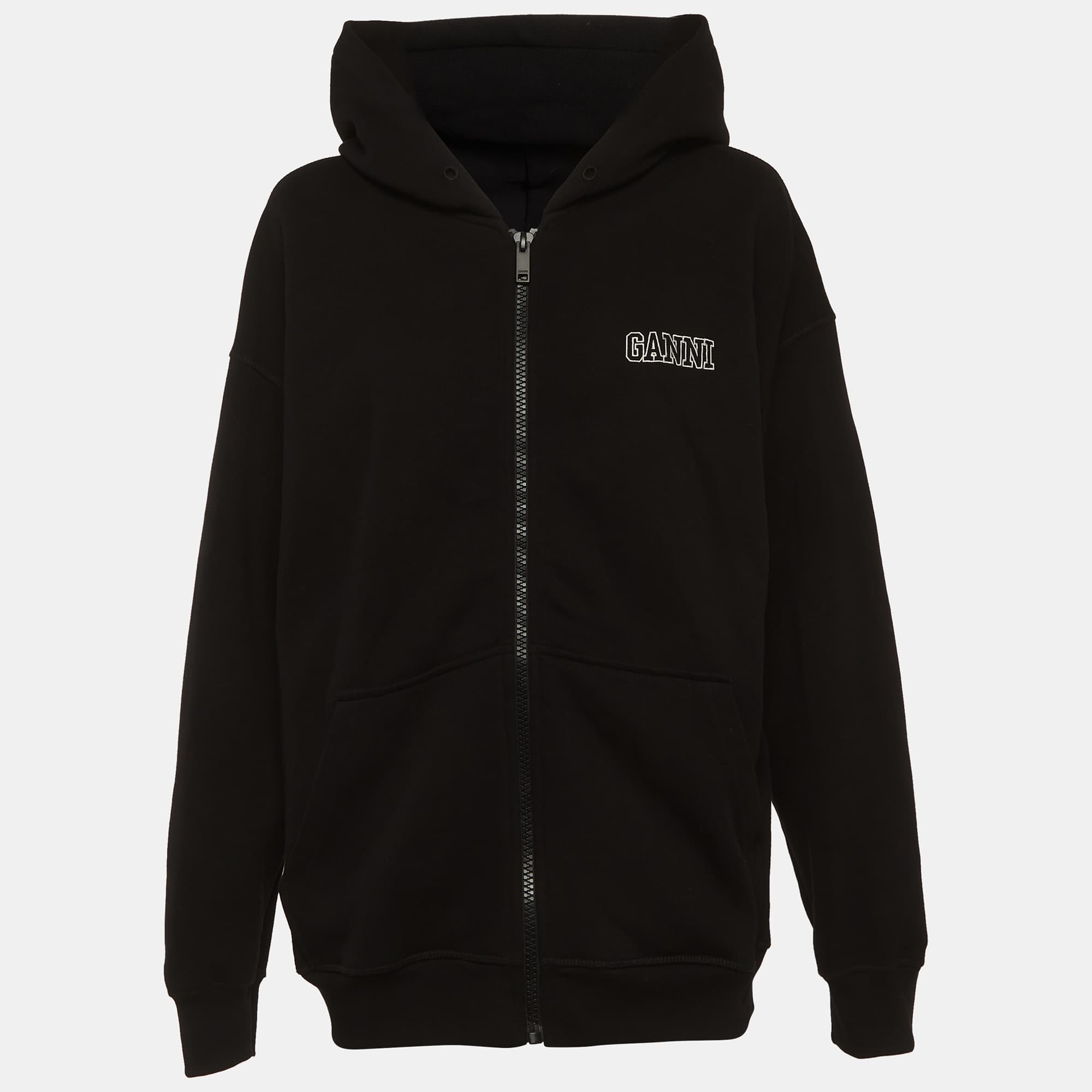 Ganni Black Logo Embroidered Cotton Zip-Up Hoodie L