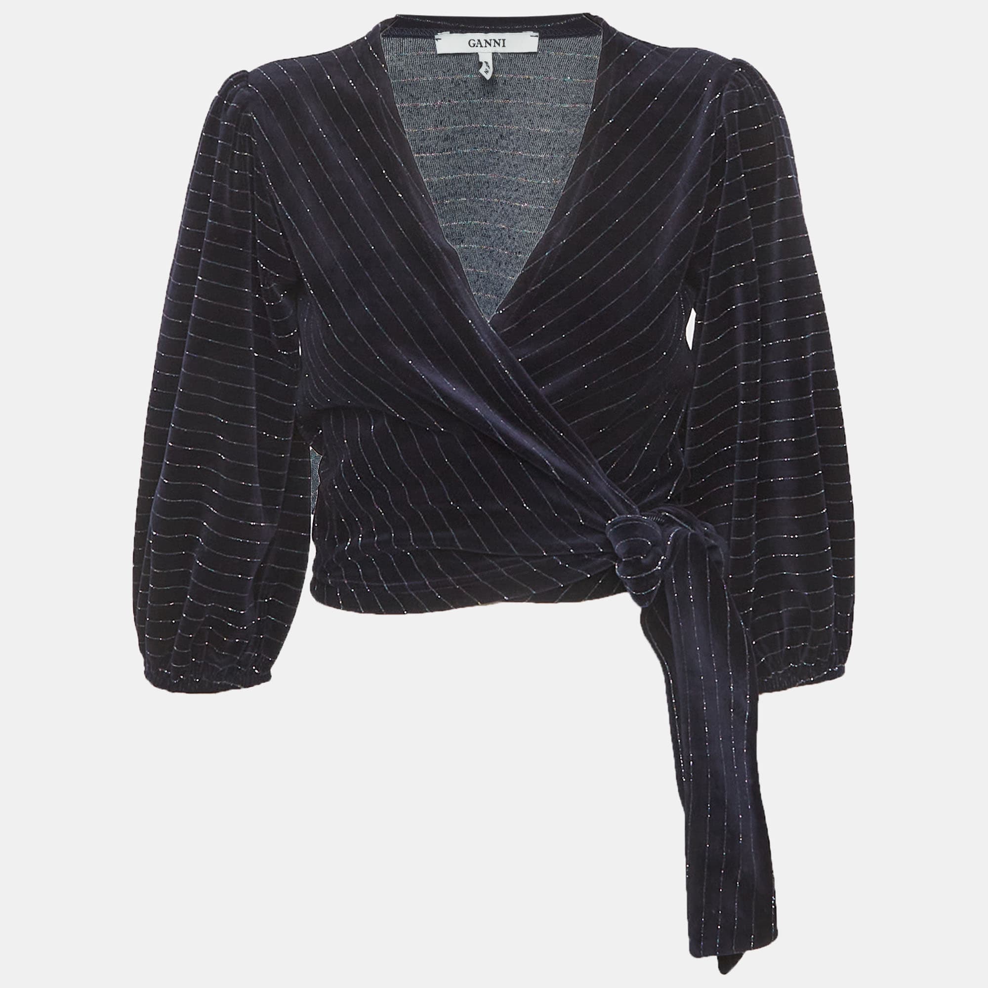 Ganni Navy Blue Striped Velvet Wrap Top XS