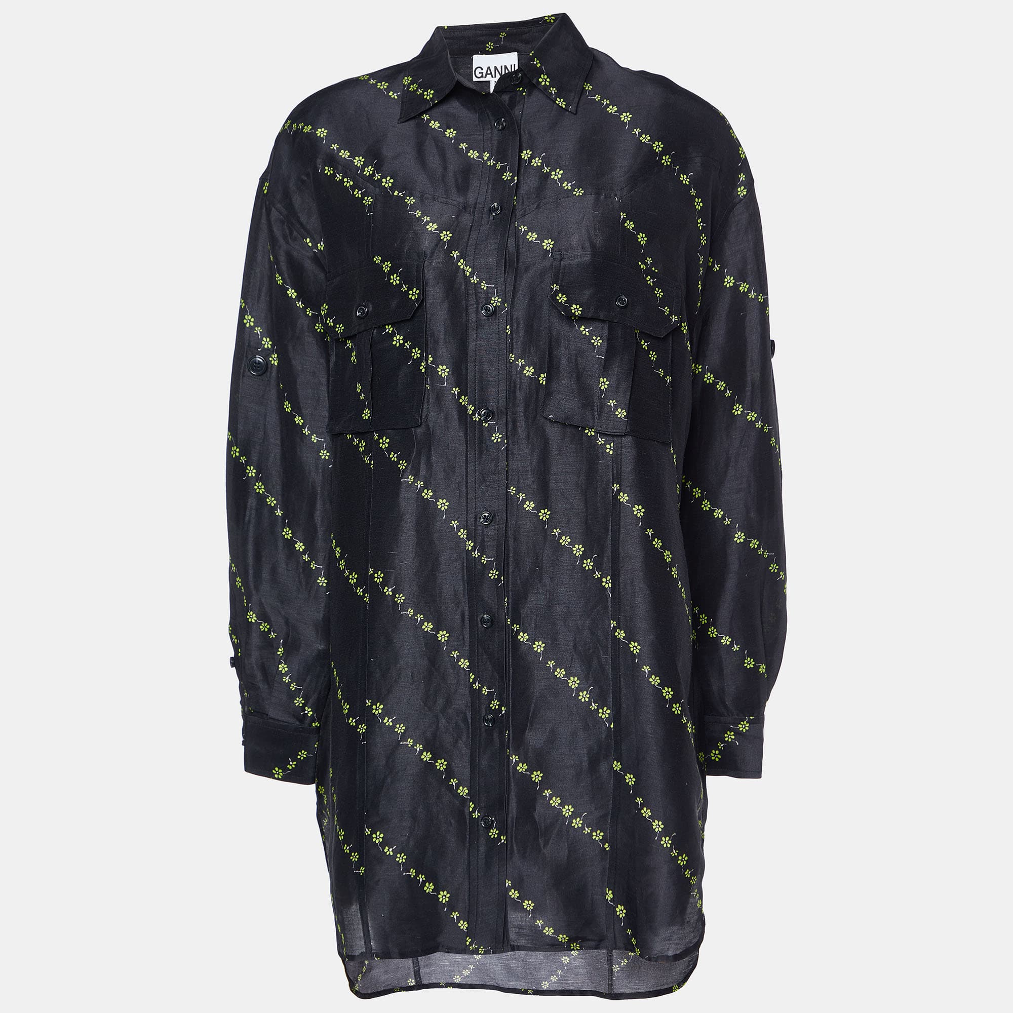 Ganni Black Floral Print Linen & Silk Button Front Shirt S