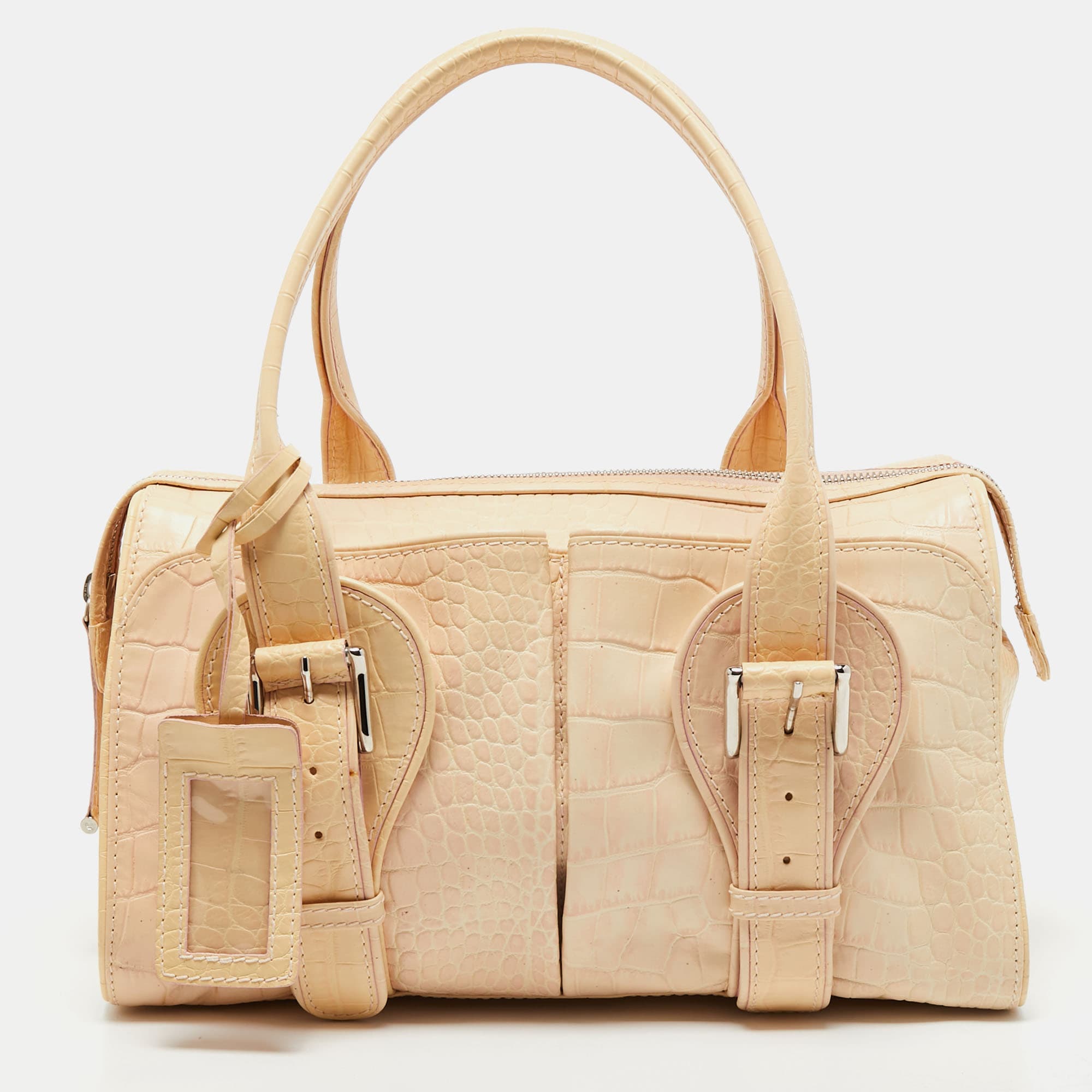 Gianfranco Ferre Beige Alligator Embossed Leather Satchel