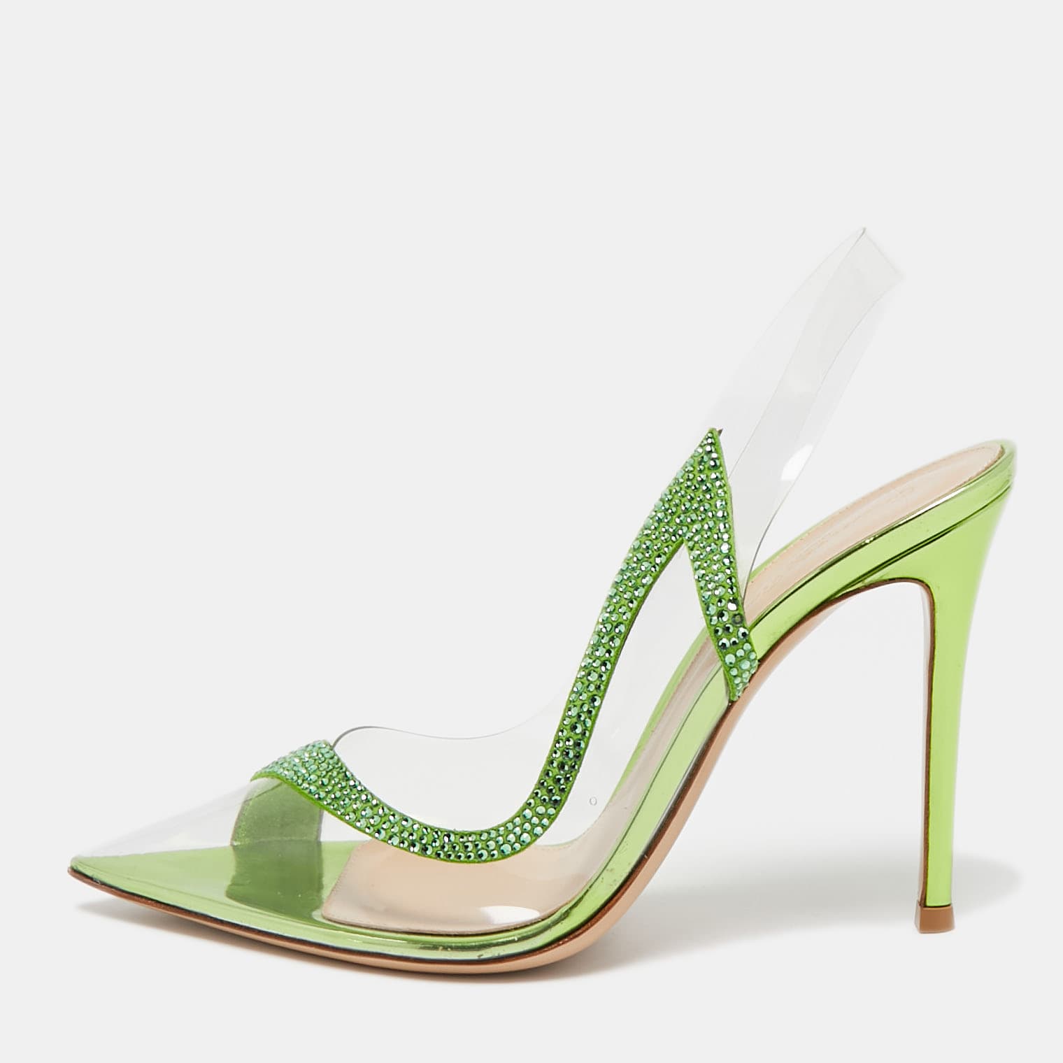 Gianvito Rossi Transparent/Green PVC and Suede Embellished Hortensia Pumps Size 39.5