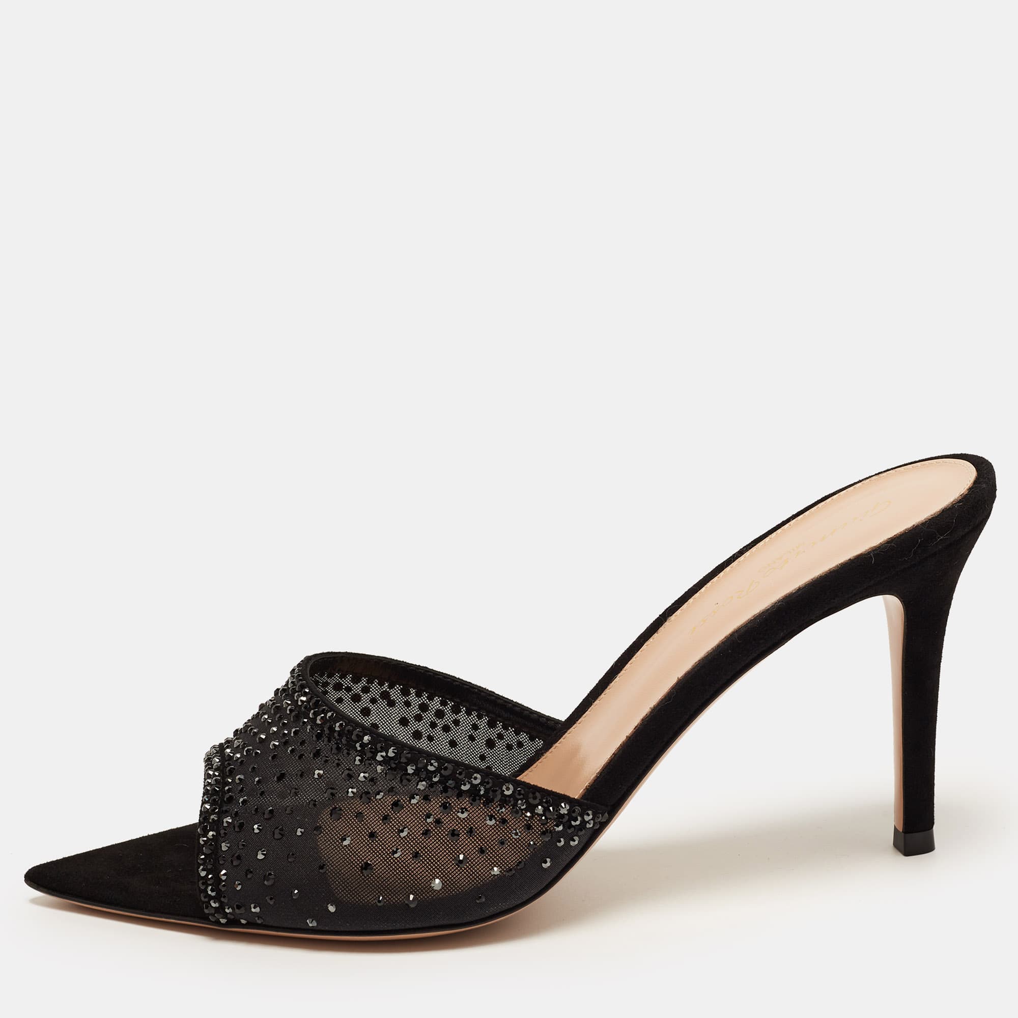 Gianvito Rossi Rania Size 38 Black Mesh and Suede Mules