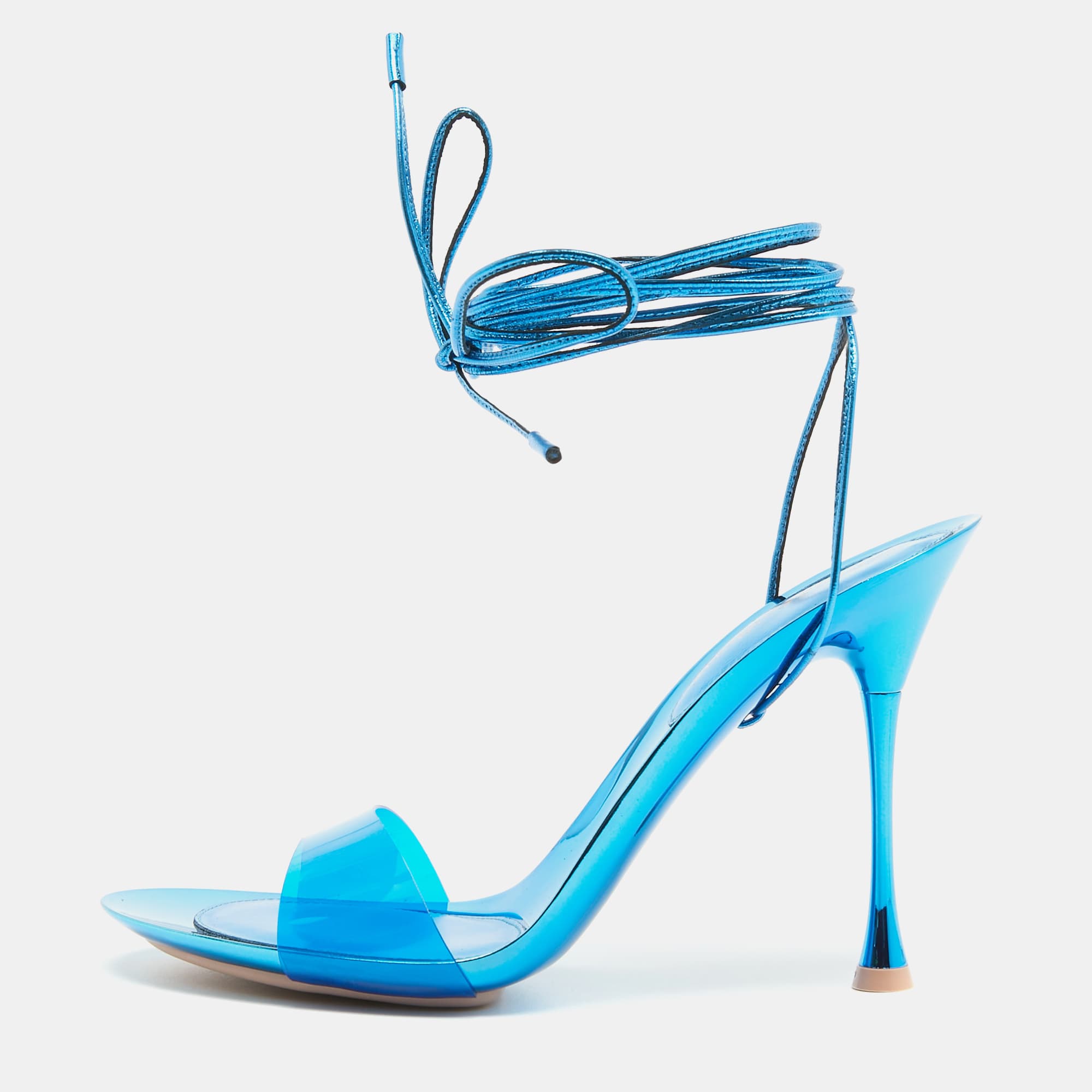 Gianvito Rossi Spice Size 38 Blue Leather and PVC Ankle Strap Sandals