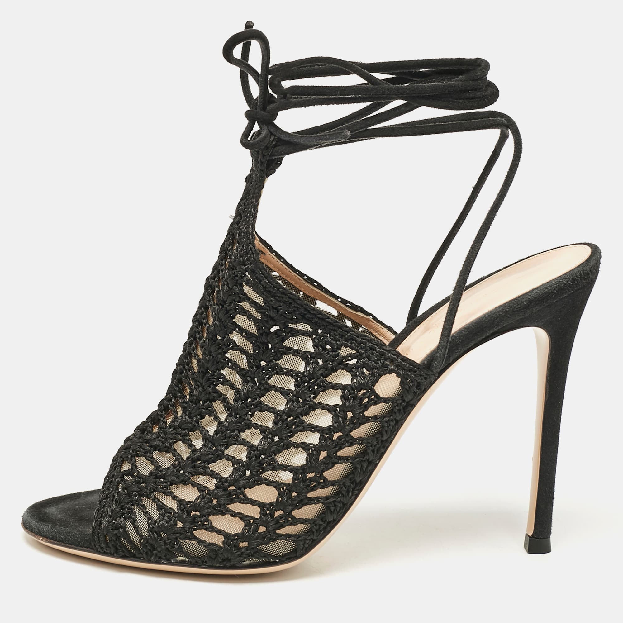 Gianvito Rossi Black Crochet and Suede Ankle Wrap Mules Size 37.5