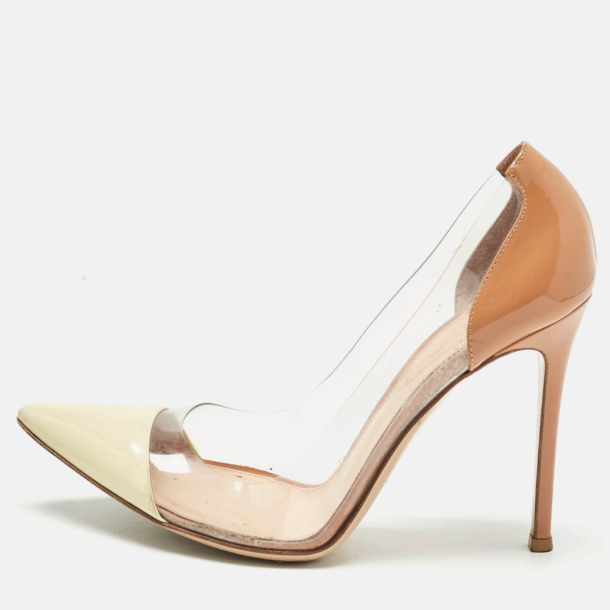 Gianvito Rossi Cream/Beige Patent Leather and PVC Plexi Pumps Size 39.5