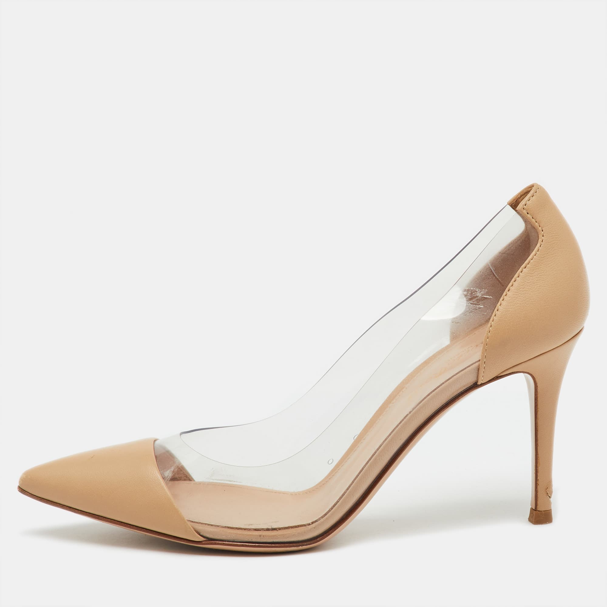 Gianvito Rossi Beige/Transparent Leather and PVC Plexi Pointed Toe Pumps Size 36.5