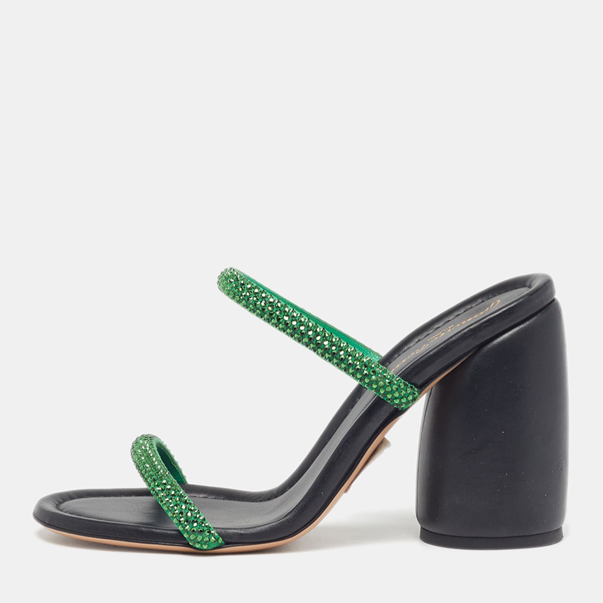Gianvito Rossi Eline Size 40 Green Suede Crystal Embellished Block Heel Slide Sandals