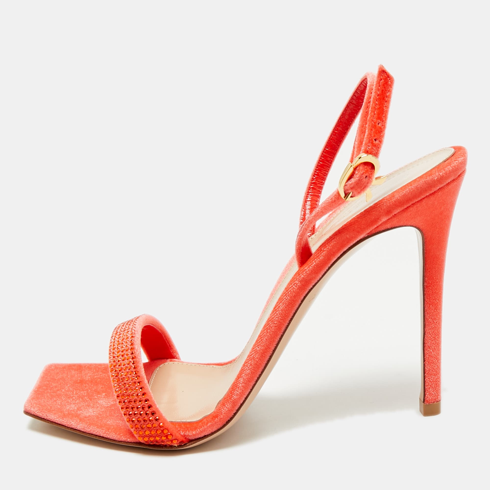 Gianvito Rossi Britney Size 38.5 Orange Velvet Crystal Embellished Slingback Sandals
