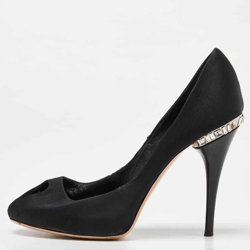 Gianvito Rossi Black Satin Crystal Embellished Peep Toe Pumps Size 36