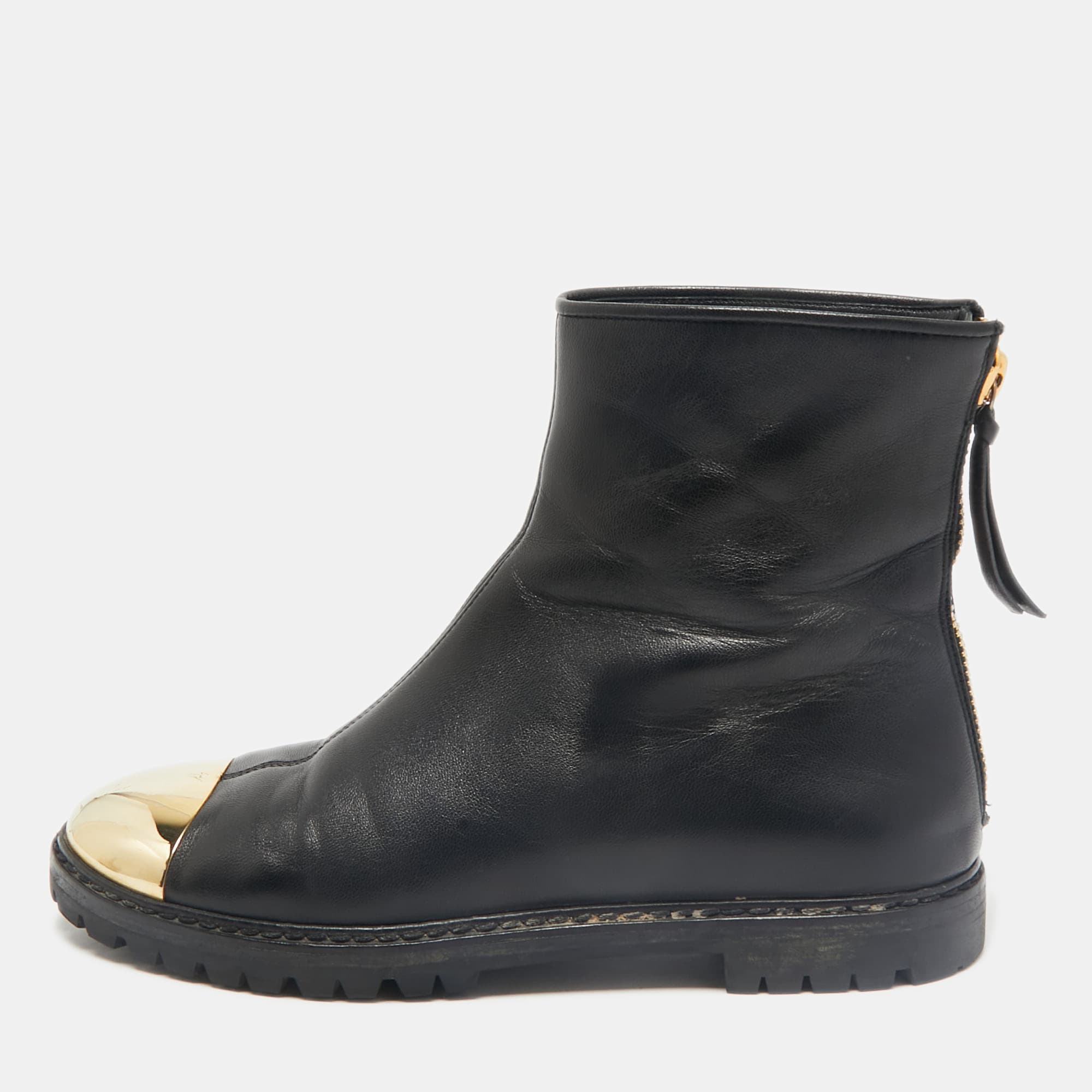 Giuseppe Zanotti Black/Gold Leather Metal Cap Toe Ankle Length Boots Size 38