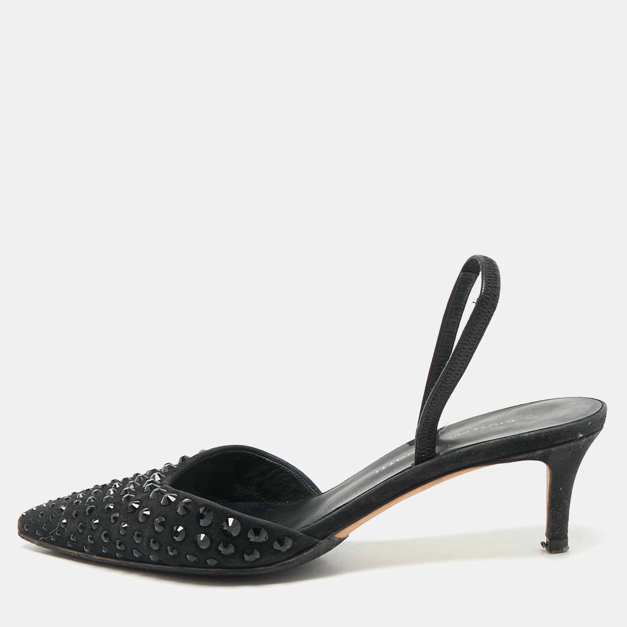 Giuseppe Zanotti Black Satin Crystal Embellished Slingback Pumps Size 36