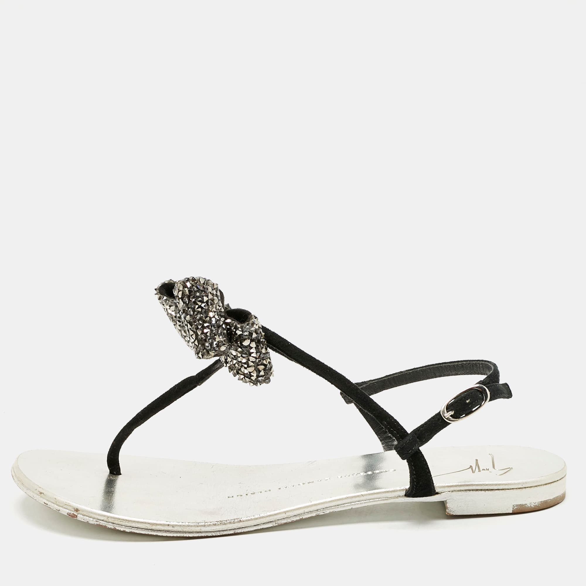 Giuseppe Zanotti Black Suede Crystal Bow Thong Flat Sandals Size 36